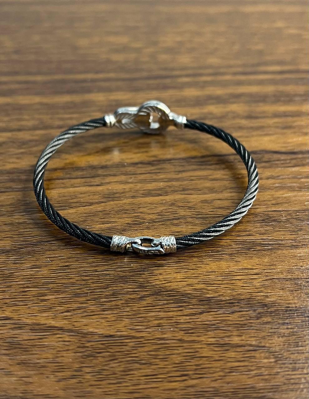 Women's Black Steel Cable Row 18 Karat White Gold Diamonds Filigree Statement Bracelet For Sale