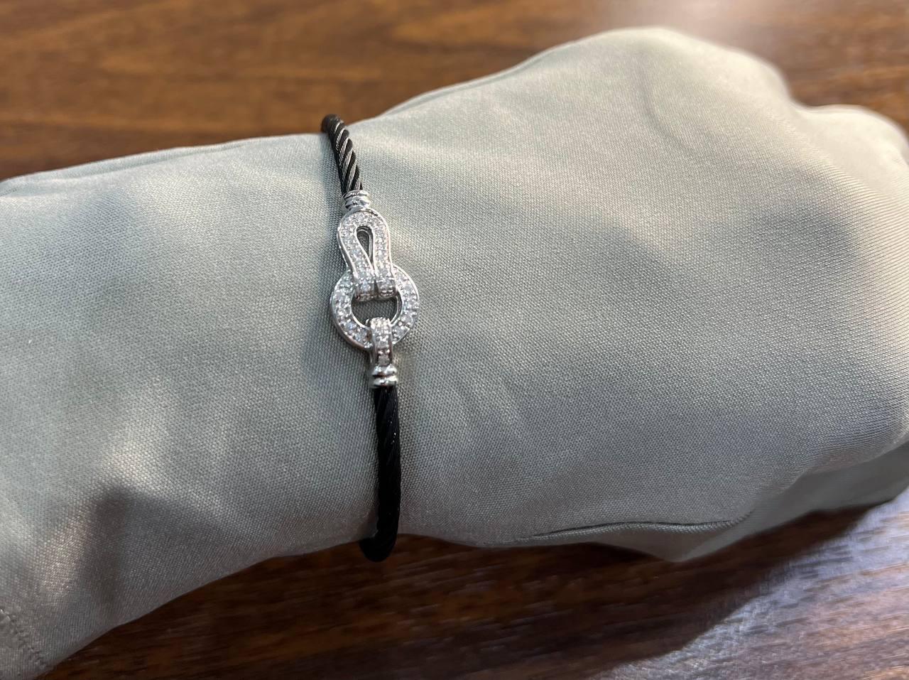 Black Steel Cable Row 18 Karat White Gold Diamonds Filigree Statement Bracelet For Sale 1