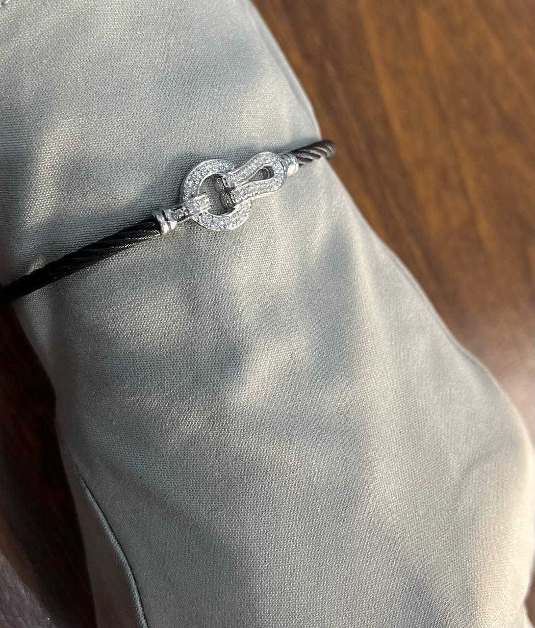 Black Steel Cable Row 18 Karat White Gold Diamonds Filigree Statement Bracelet For Sale 2