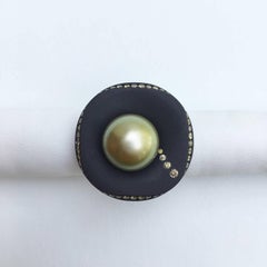 Black Steel Fiji Cultured Pearl Green Diamond Cocktail Ring