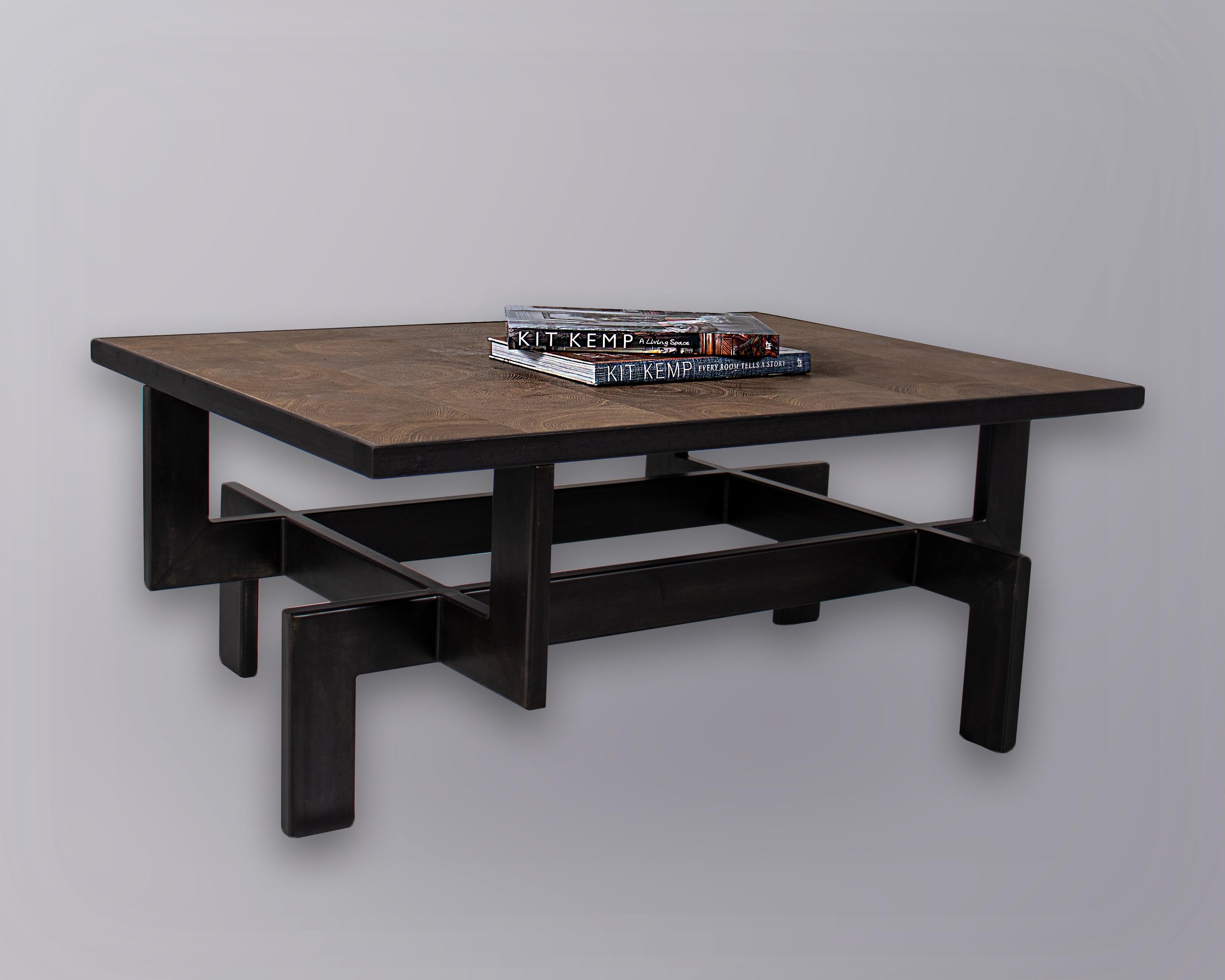 American Black Steel Geometric Shape Coffee Table Base with Natural Oak Top For Sale