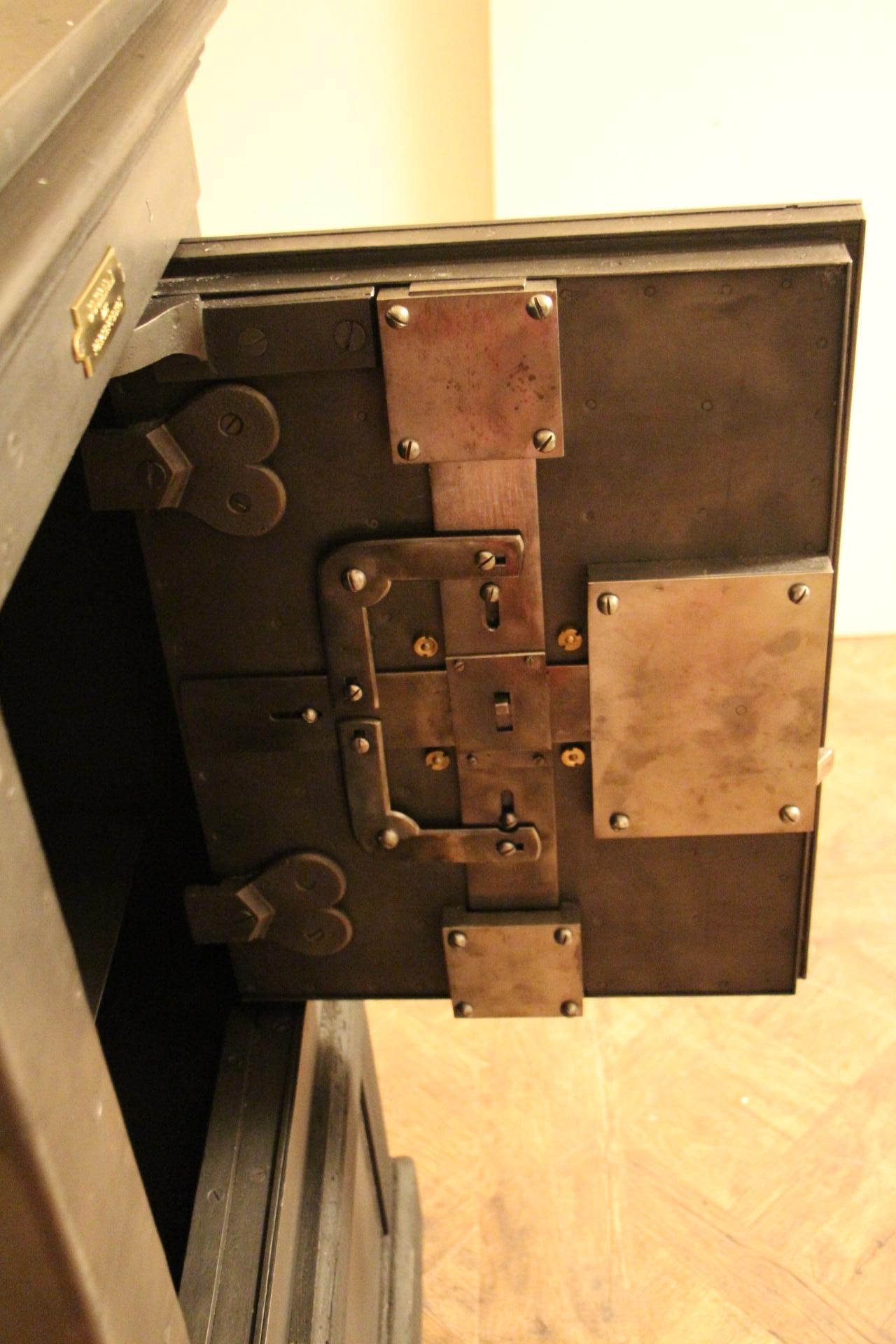 Early 20th Century Black Steel, Iron and Wood Safe with All Keys and Working Combination