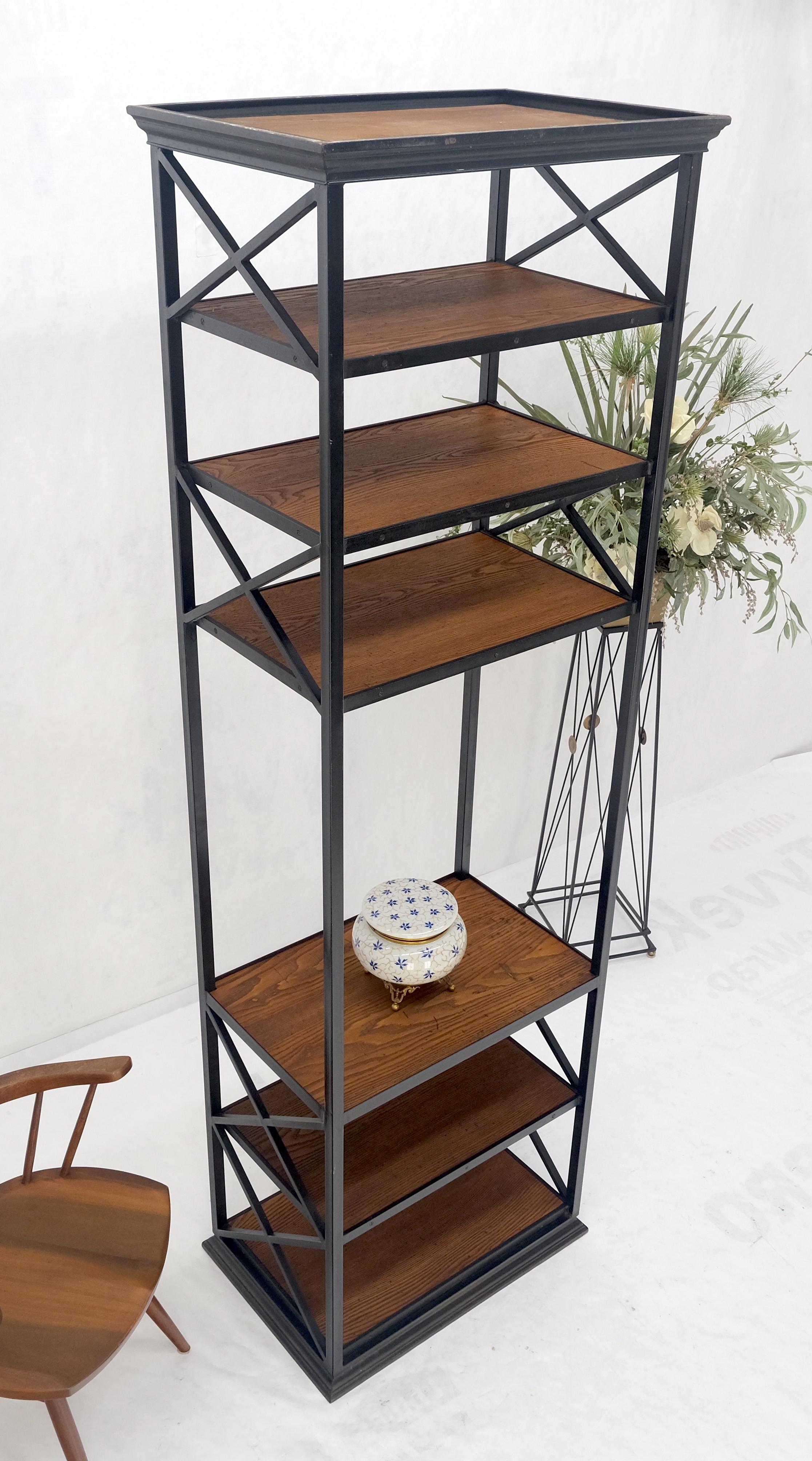 Iron Black Steel & Wormy Chestnut Shelves 8 Foot Tall Etagere BookCase Display MINT For Sale