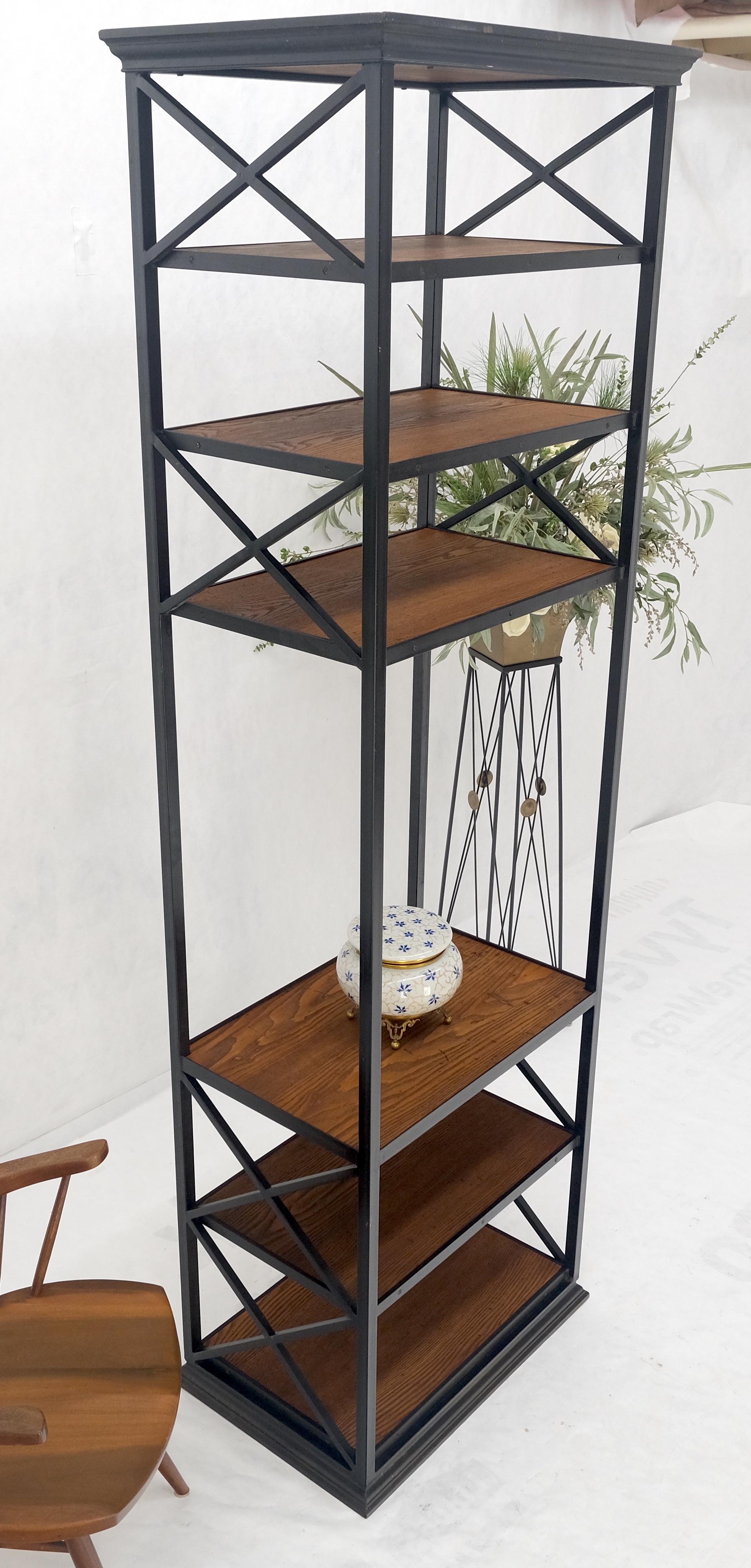 Black Steel & Wormy Chestnut Shelves 8 Foot Tall Etagere BookCase Display MINT For Sale 1