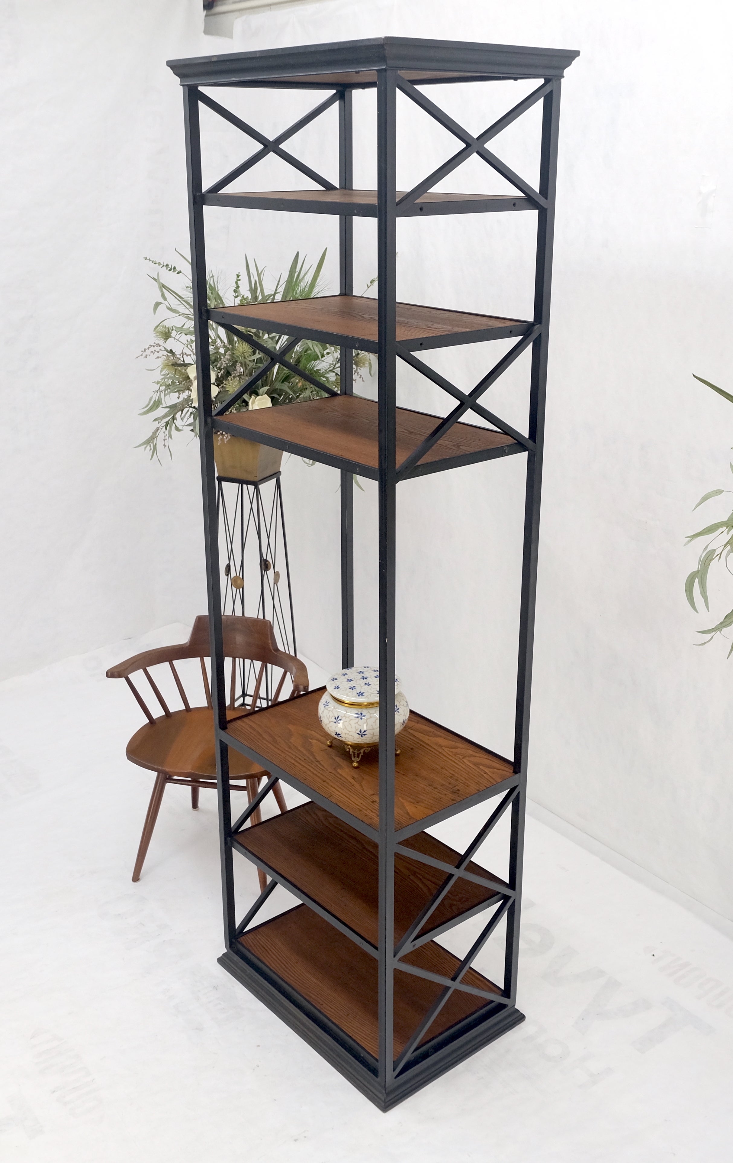 Black Steel & Wormy Chestnut Shelves 8 Foot Tall Etagere BookCase Display MINT!