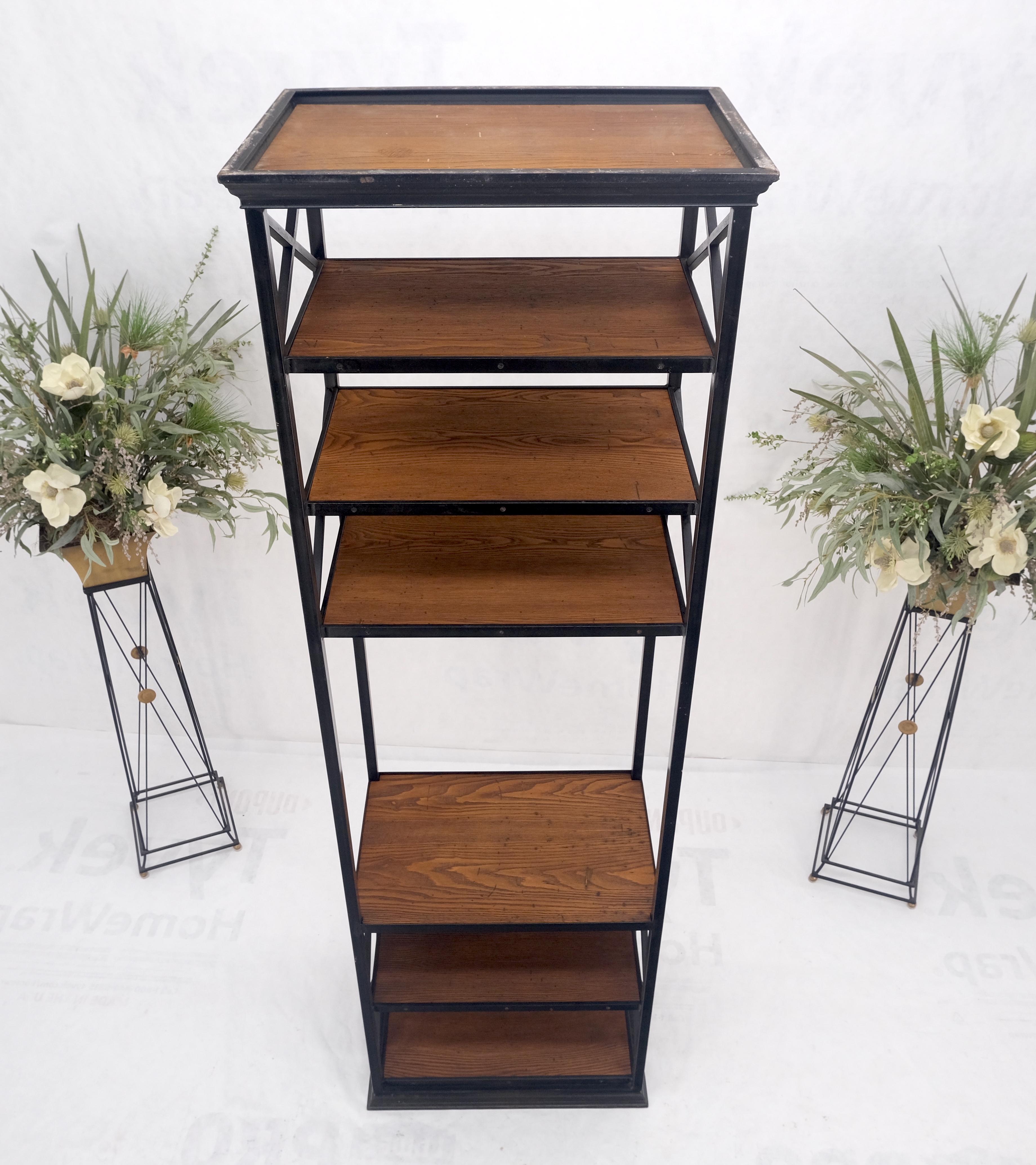 Mid-Century Modern Black Steel & Wormy Chestnut Shelves 8 Foot Tall Etagere BookCase Display MINT For Sale