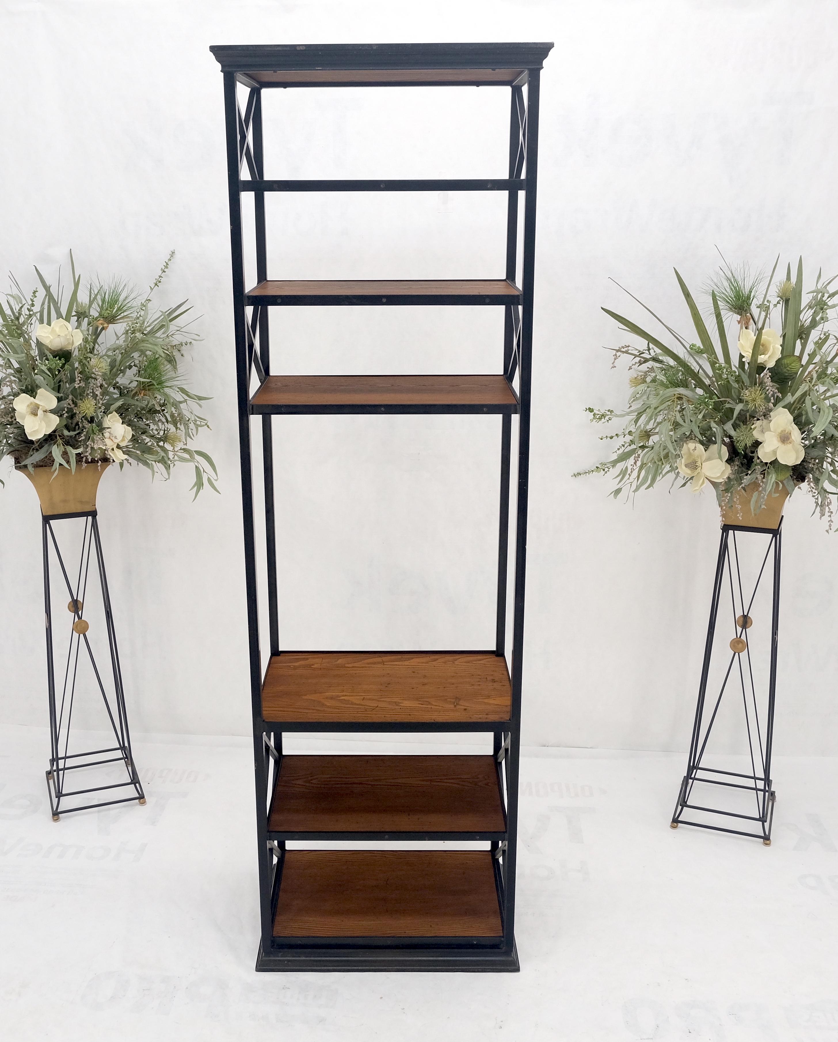 Black Steel & Wormy Chestnut Shelves 8 Foot Tall Etagere BookCase Display MINT In Good Condition For Sale In Rockaway, NJ