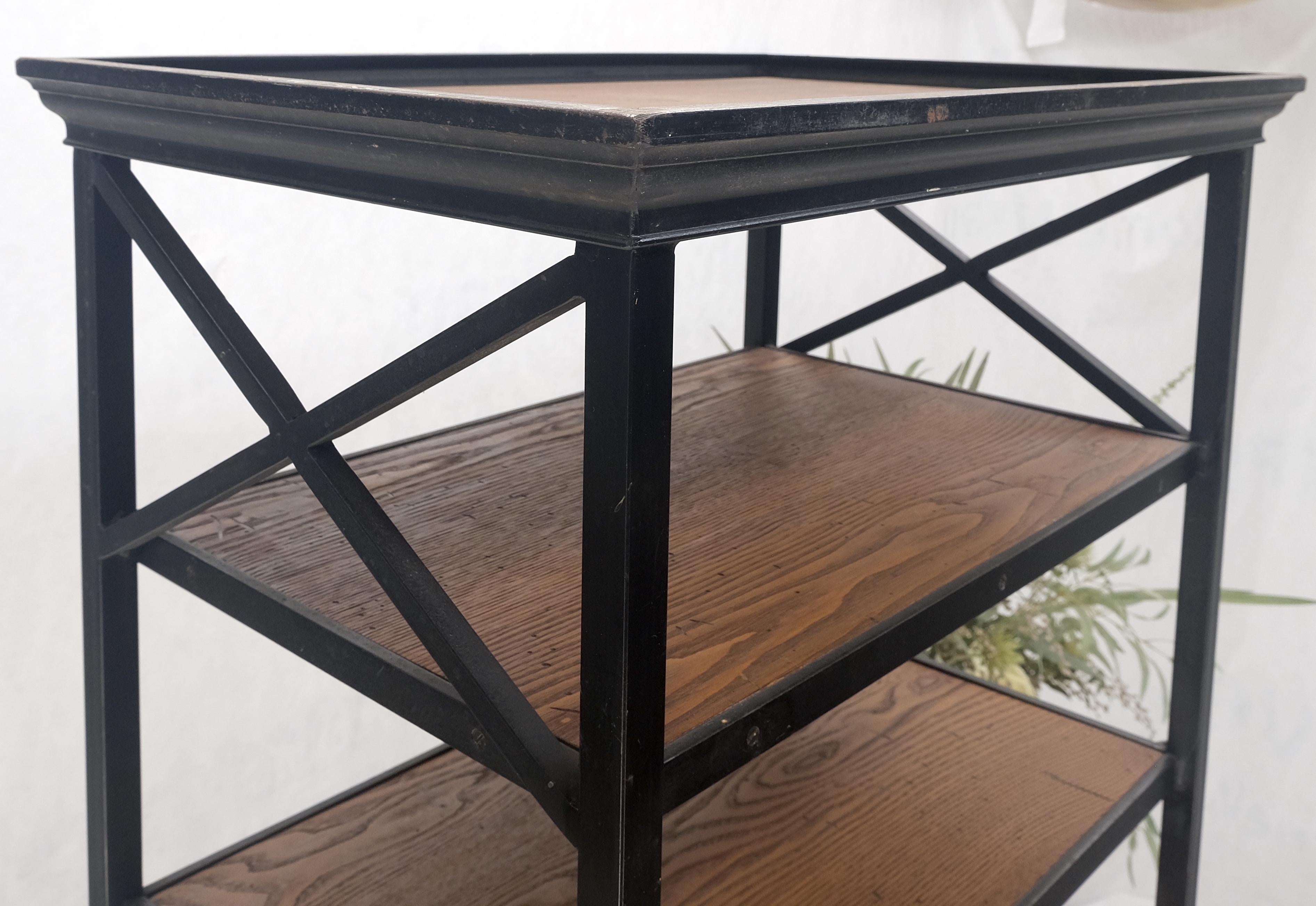 20th Century Black Steel & Wormy Chestnut Shelves 8 Foot Tall Etagere BookCase Display MINT For Sale