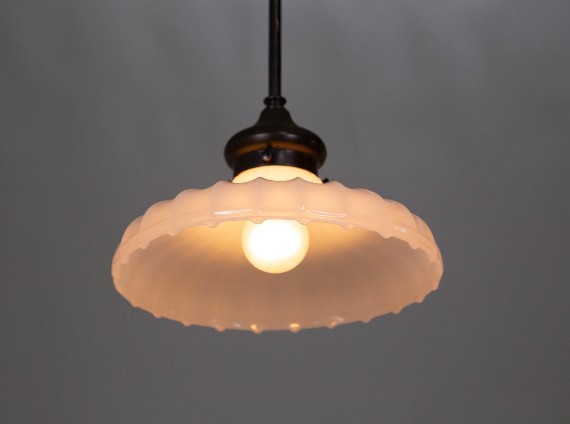 Black Stemmed Ribbed Opaline Glass Pendant Light For Sale 5