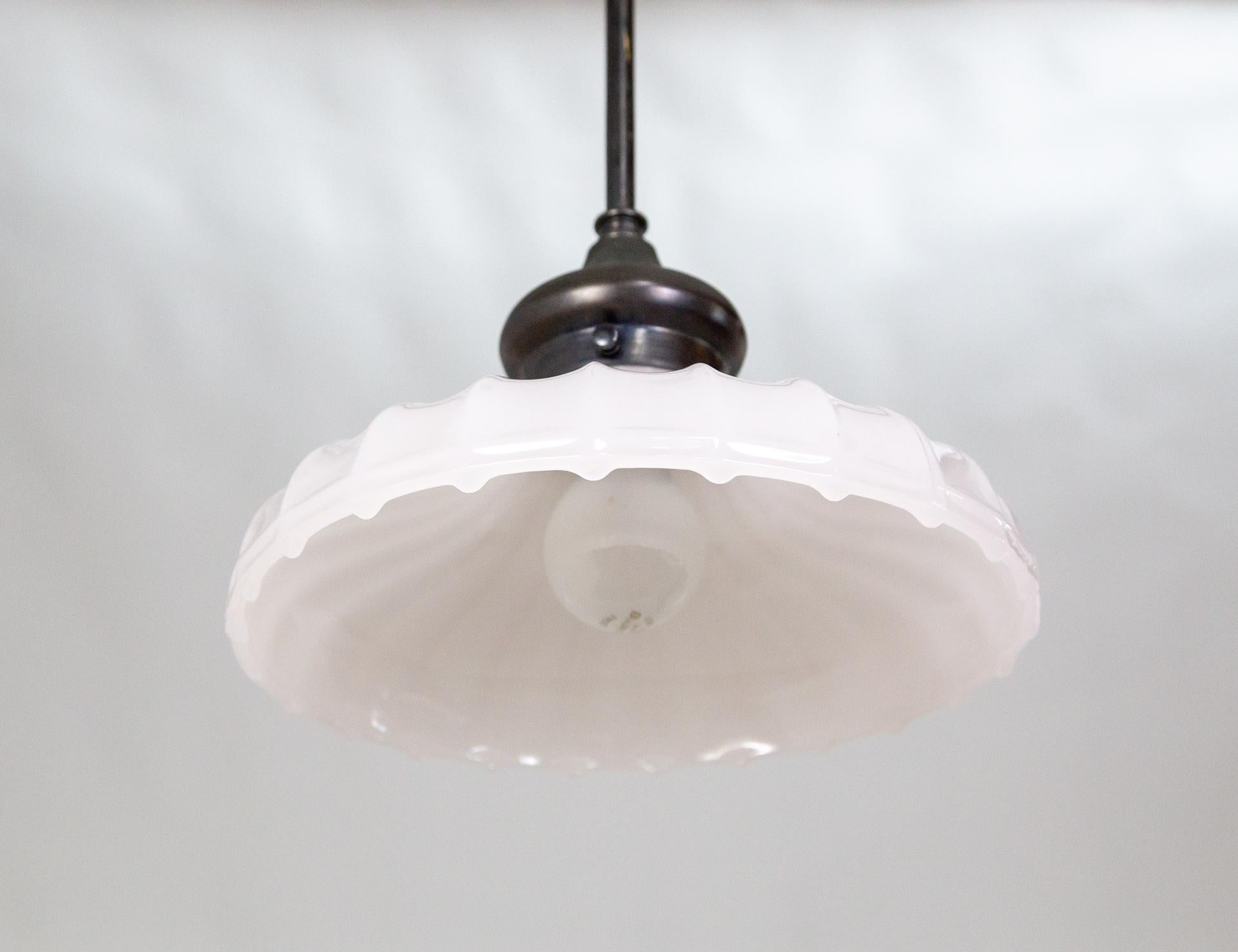 20th Century Black Stemmed Ribbed Opaline Glass Pendant Light For Sale