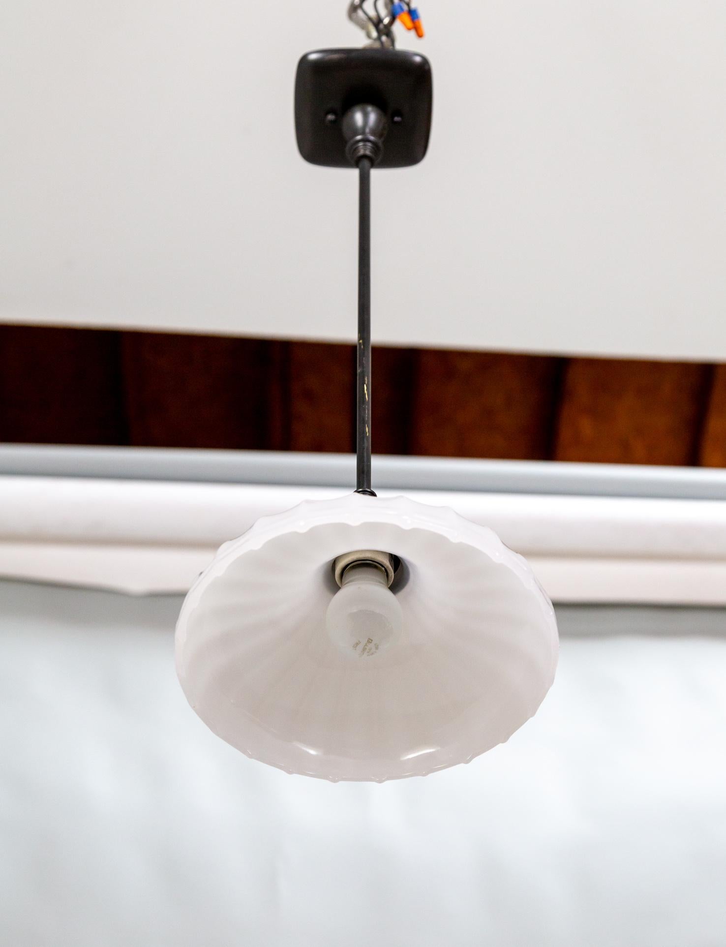 Brass Black Stemmed Ribbed Opaline Glass Pendant Light For Sale