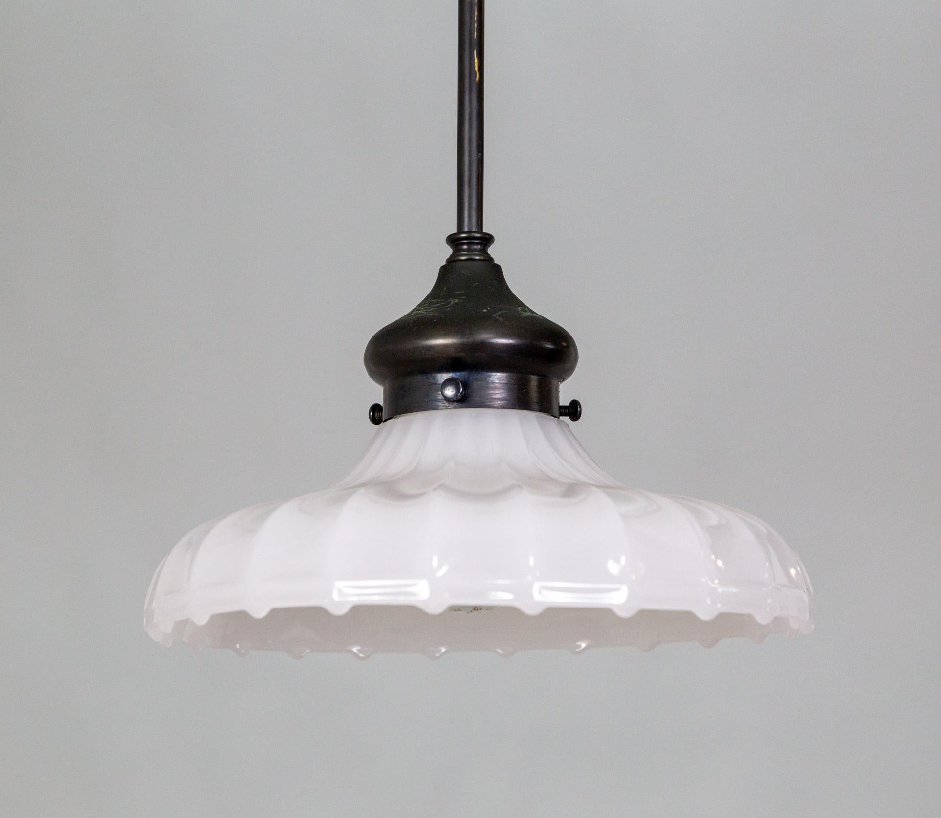 Black Stemmed Ribbed Opaline Glass Pendant Light For Sale 1