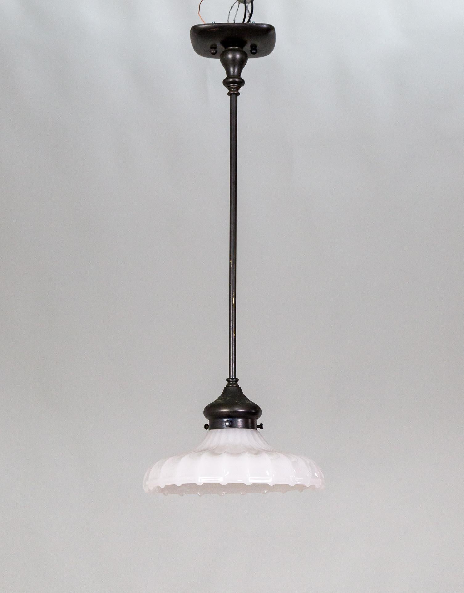 Black Stemmed Ribbed Opaline Glass Pendant Light For Sale 2
