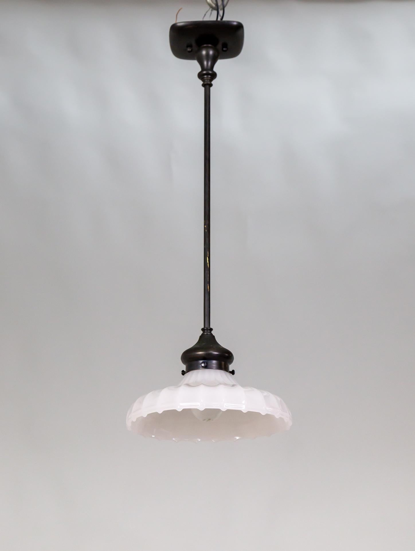 Black Stemmed Ribbed Opaline Glass Pendant Light For Sale 3