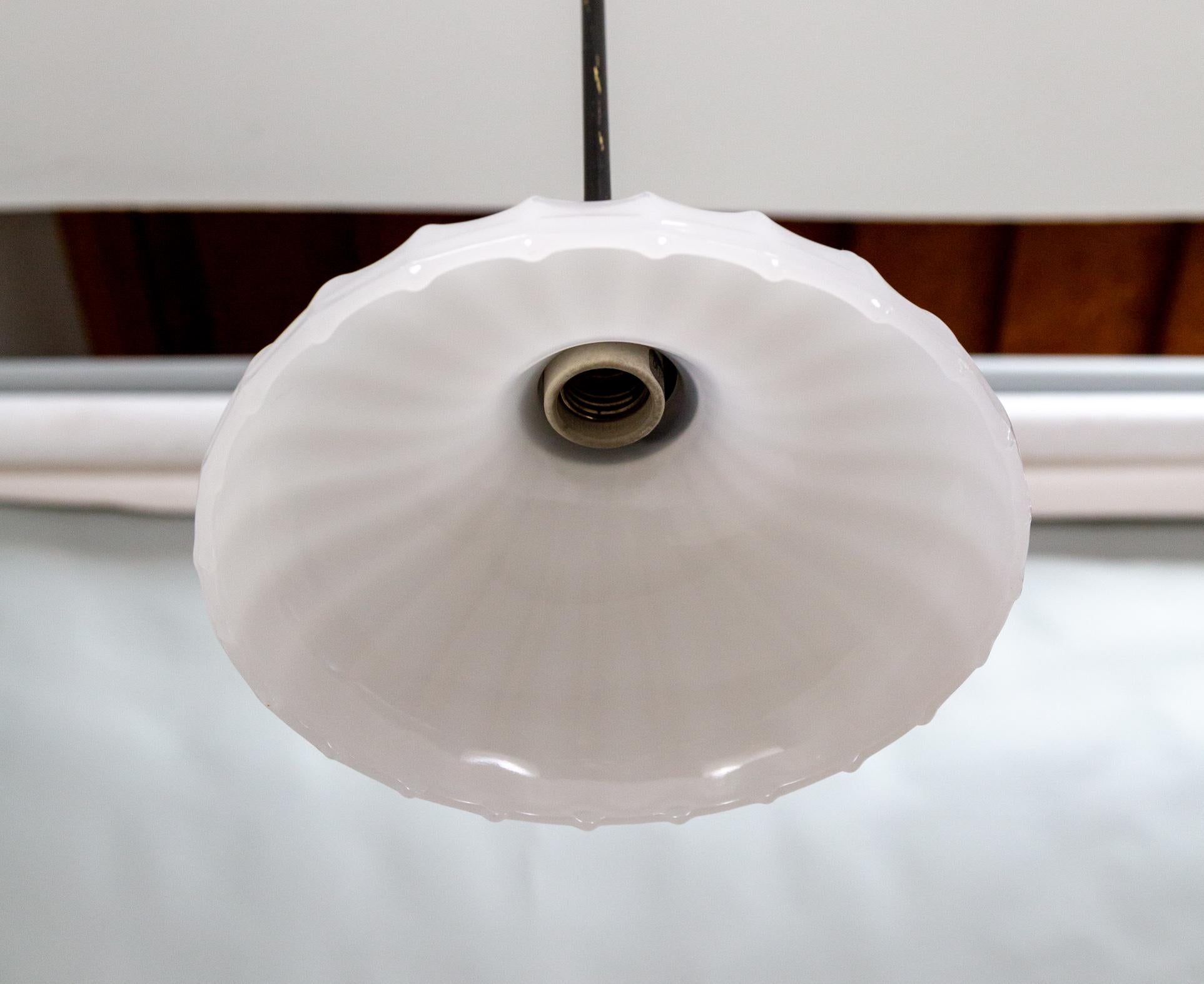 Black Stemmed Ribbed Opaline Glass Pendant Light For Sale 4