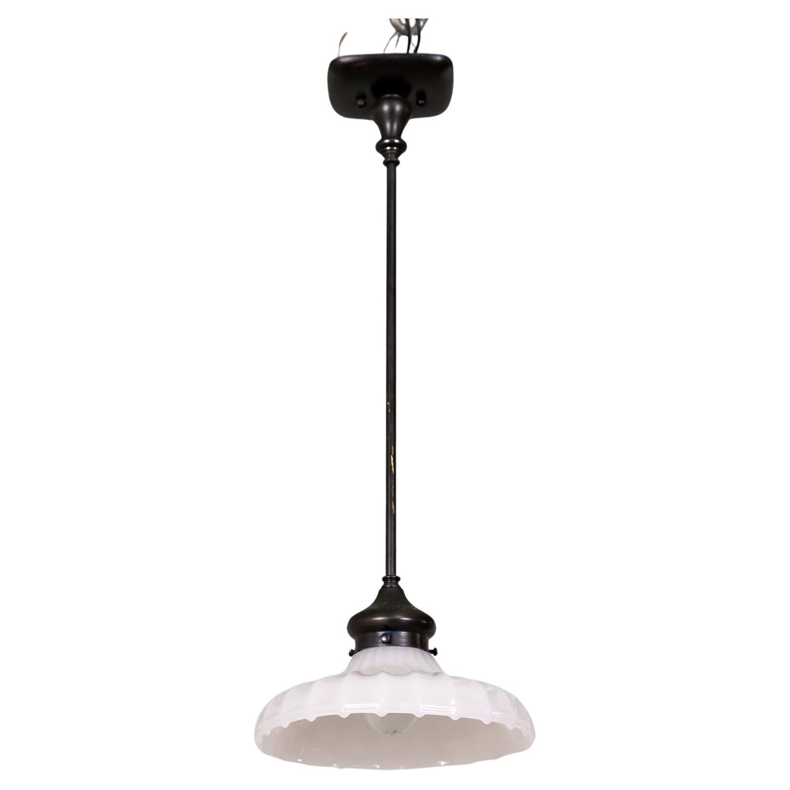 Black Stemmed Ribbed Opaline Glass Pendant Light For Sale