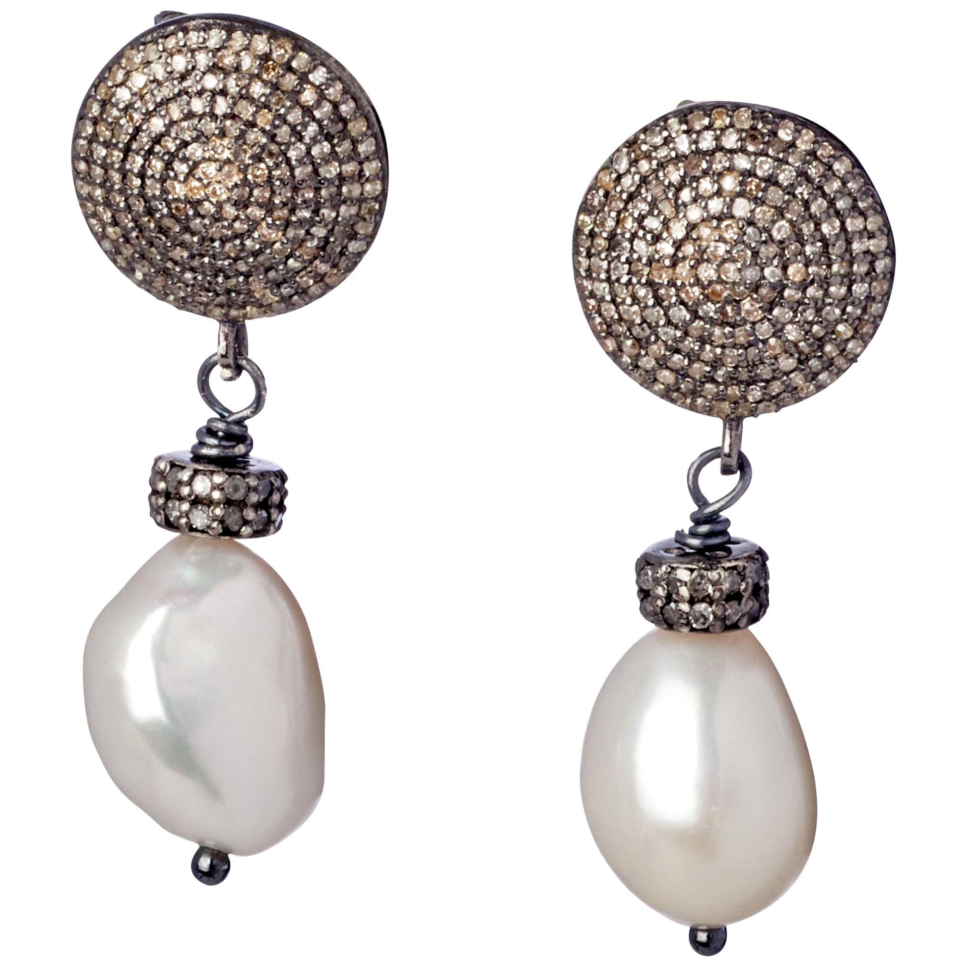 Blackened Sterling Silver w Diamond Baroque Pearl Drop Earrings
