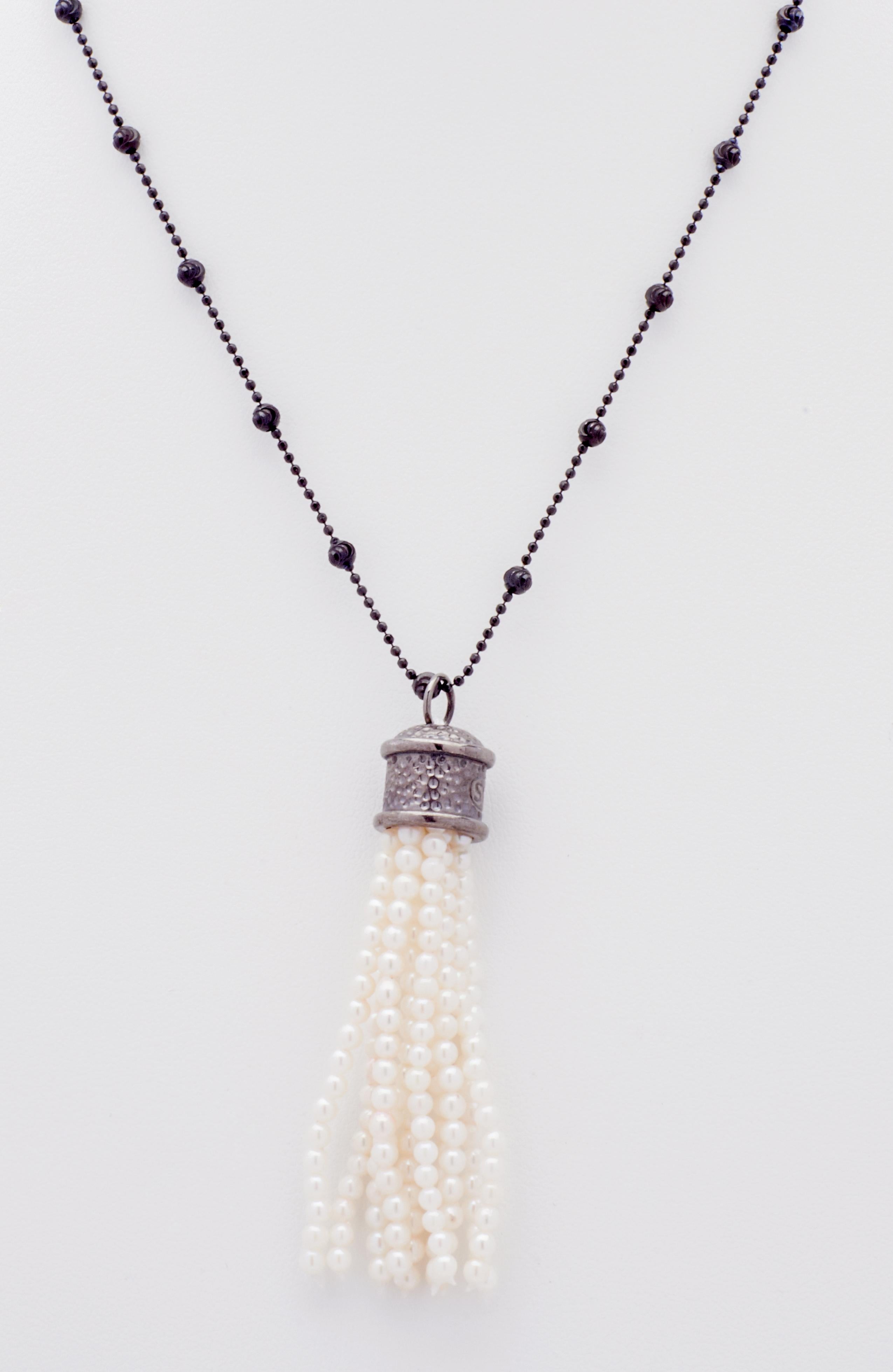 Signature  Susan VanGilder, the versatile twenty two inch Black Silver Chain Necklace leads to a hand-crafted Genuine Akoya Pearl Signature signed Tassel Cap which is made of over two hundred 2.75 mm Pearls . The Necklace is finished with a Sterling