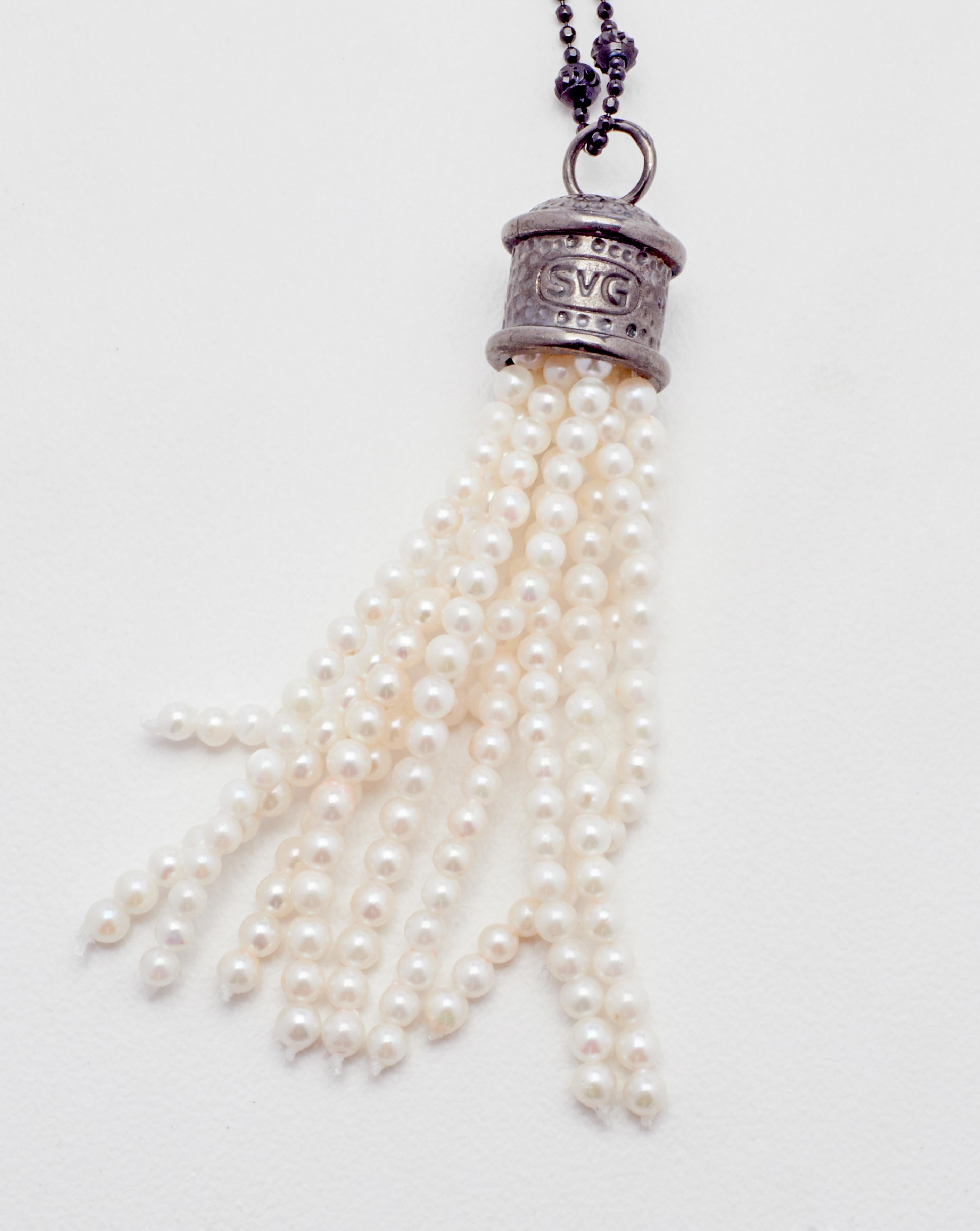 Artisan Black Sterling Silver Chain Necklace with Genuine Akoya Pearl Tassel 