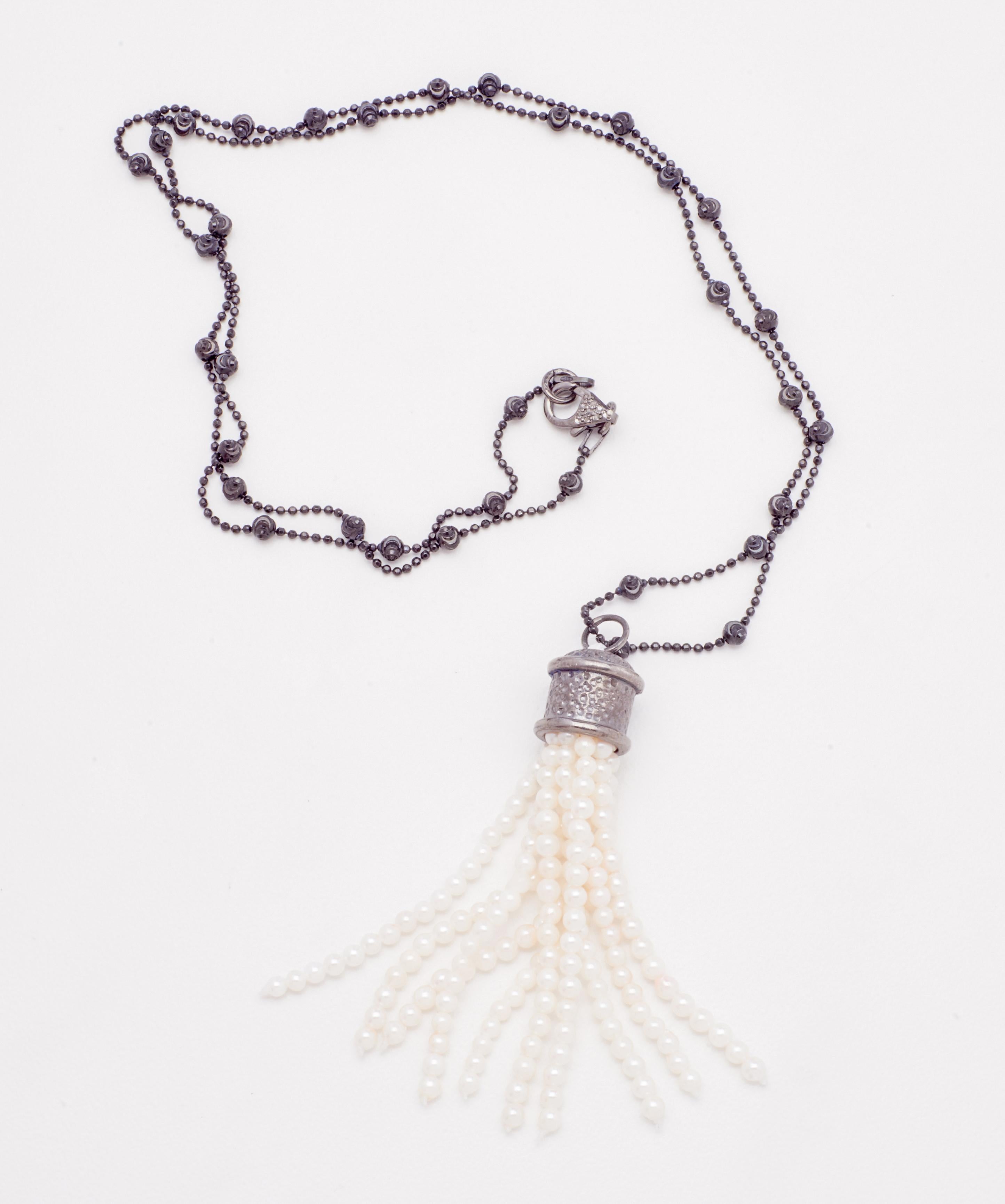 Black Sterling Silver Chain Necklace with Genuine Akoya Pearl Tassel  In New Condition In Mount Kisco, NY