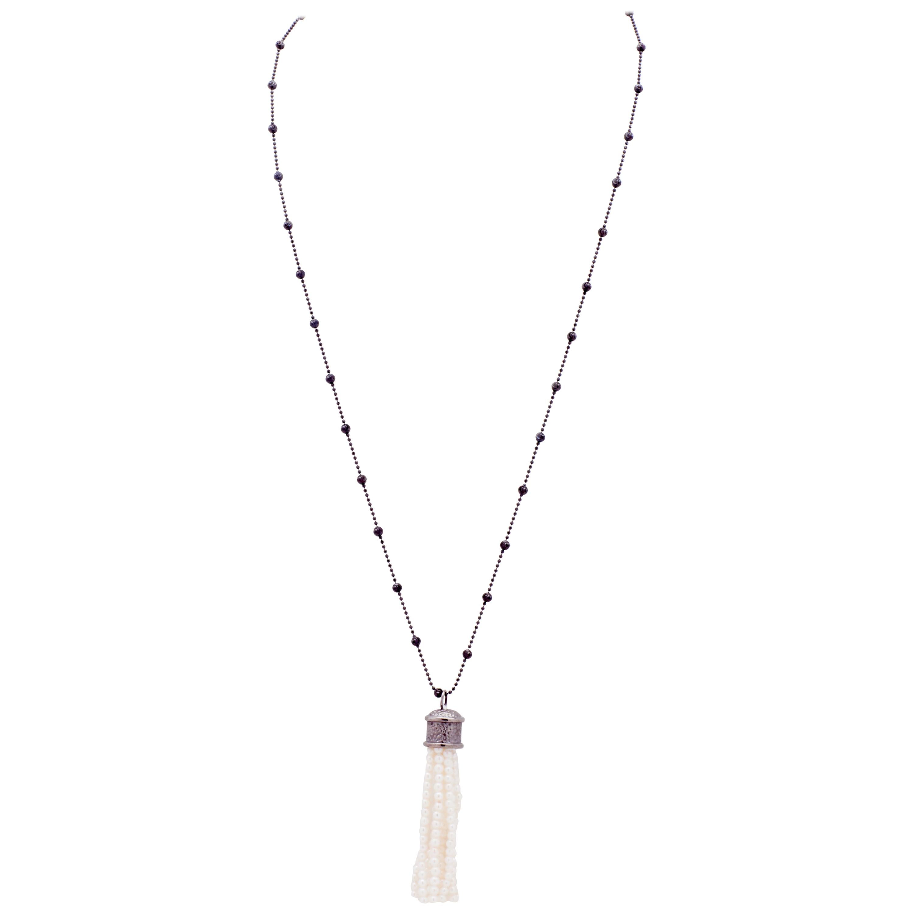 Black Sterling Silver Chain Necklace with Genuine Akoya Pearl Tassel 