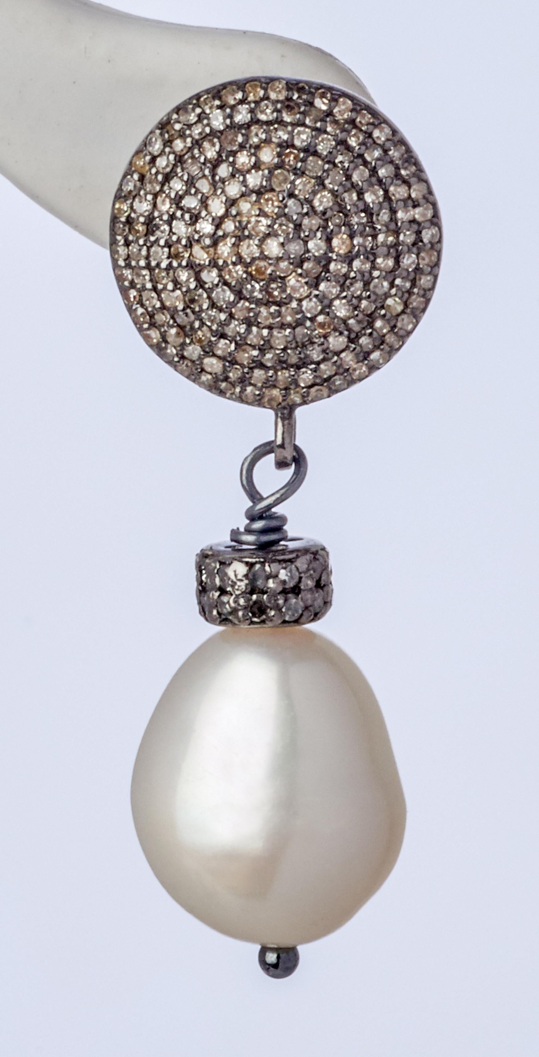 Artisan Blackened Sterling Silver w Diamond Baroque Pearl Drop Earrings