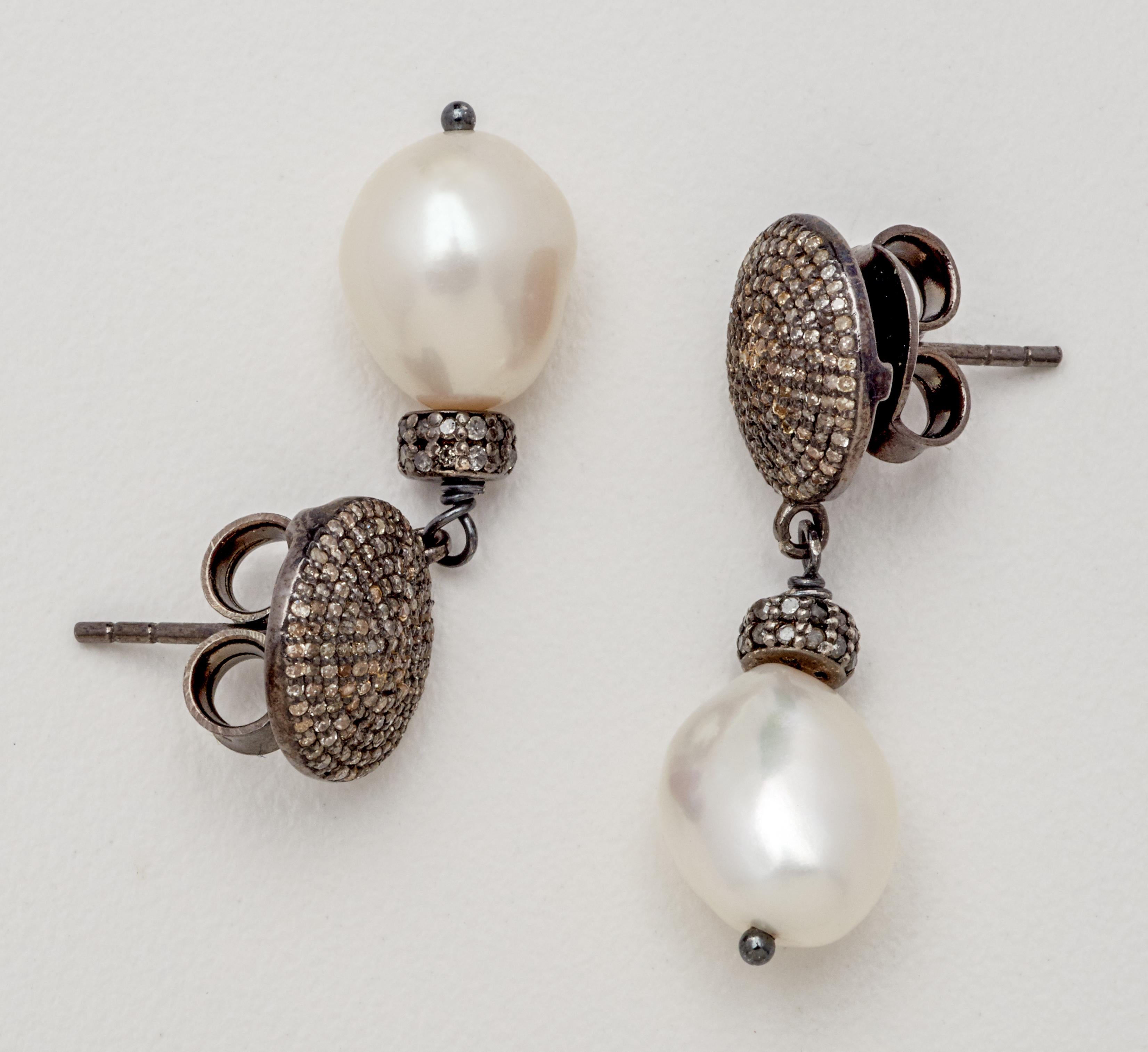 Uncut Blackened Sterling Silver w Diamond Baroque Pearl Drop Earrings