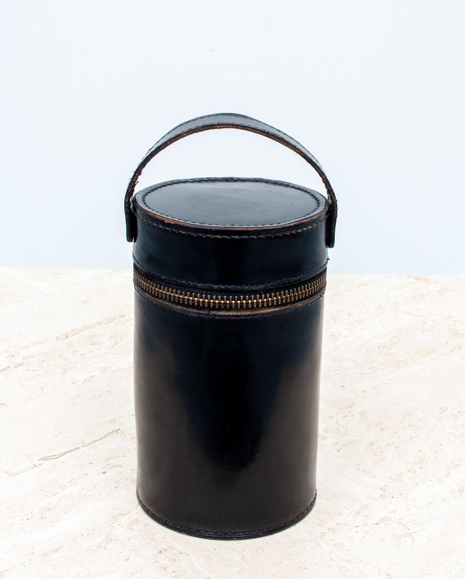 Art Deco Black Stich Leather Hip Flask Set, c1930's