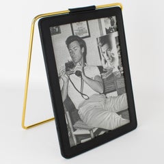 Black Stitched Leather and Brass Travel Folding Picture Frame, circa 1970