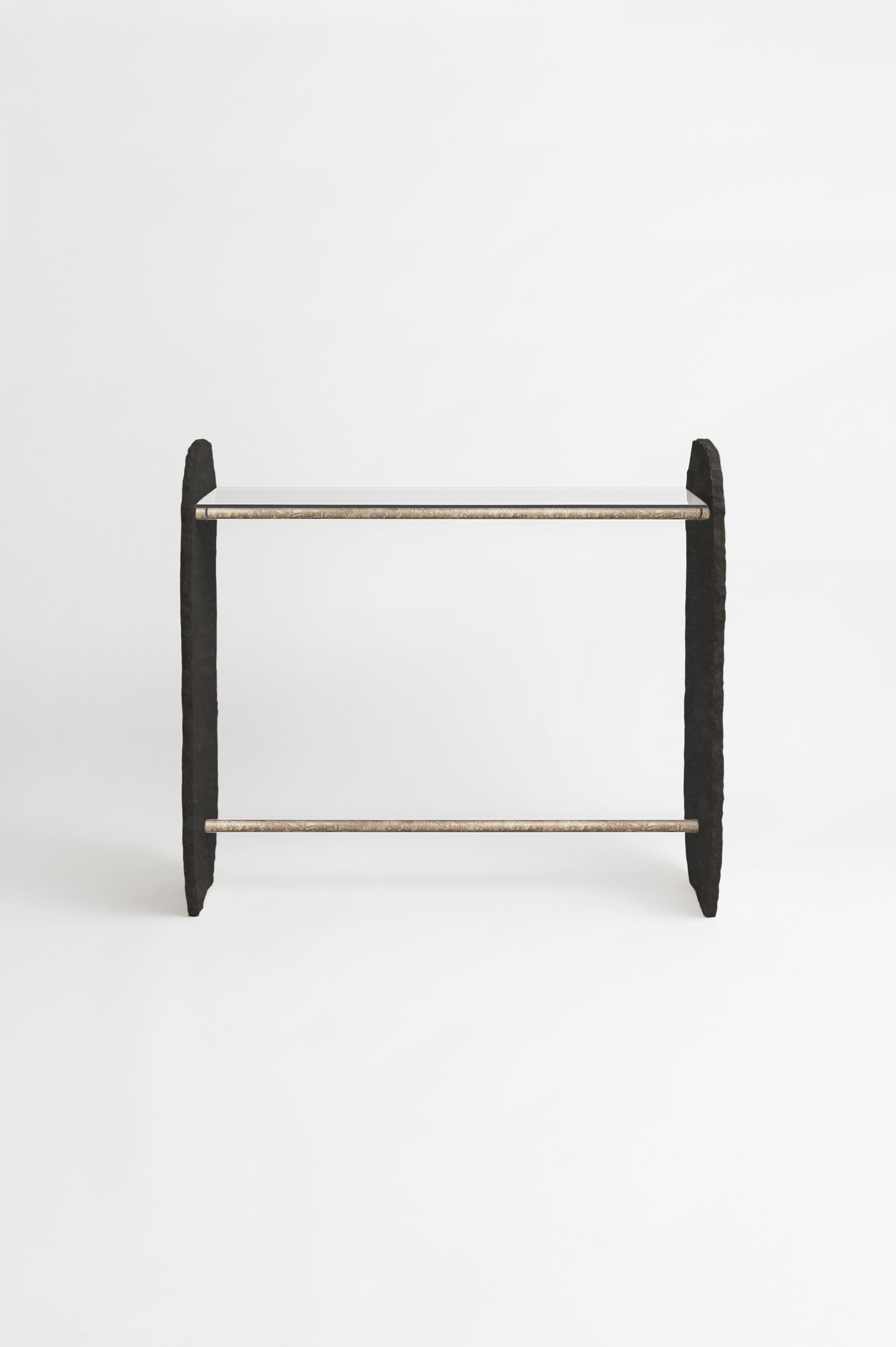 Modern Black Stone and Brass Stoique Stole Console Signed by Frédéric Saulou