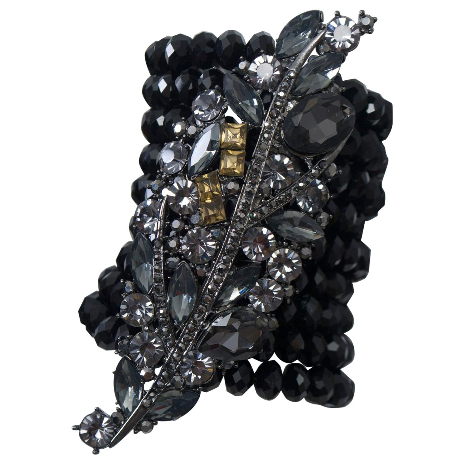 Black Stone and Crystal Wide Stretch Bracelet