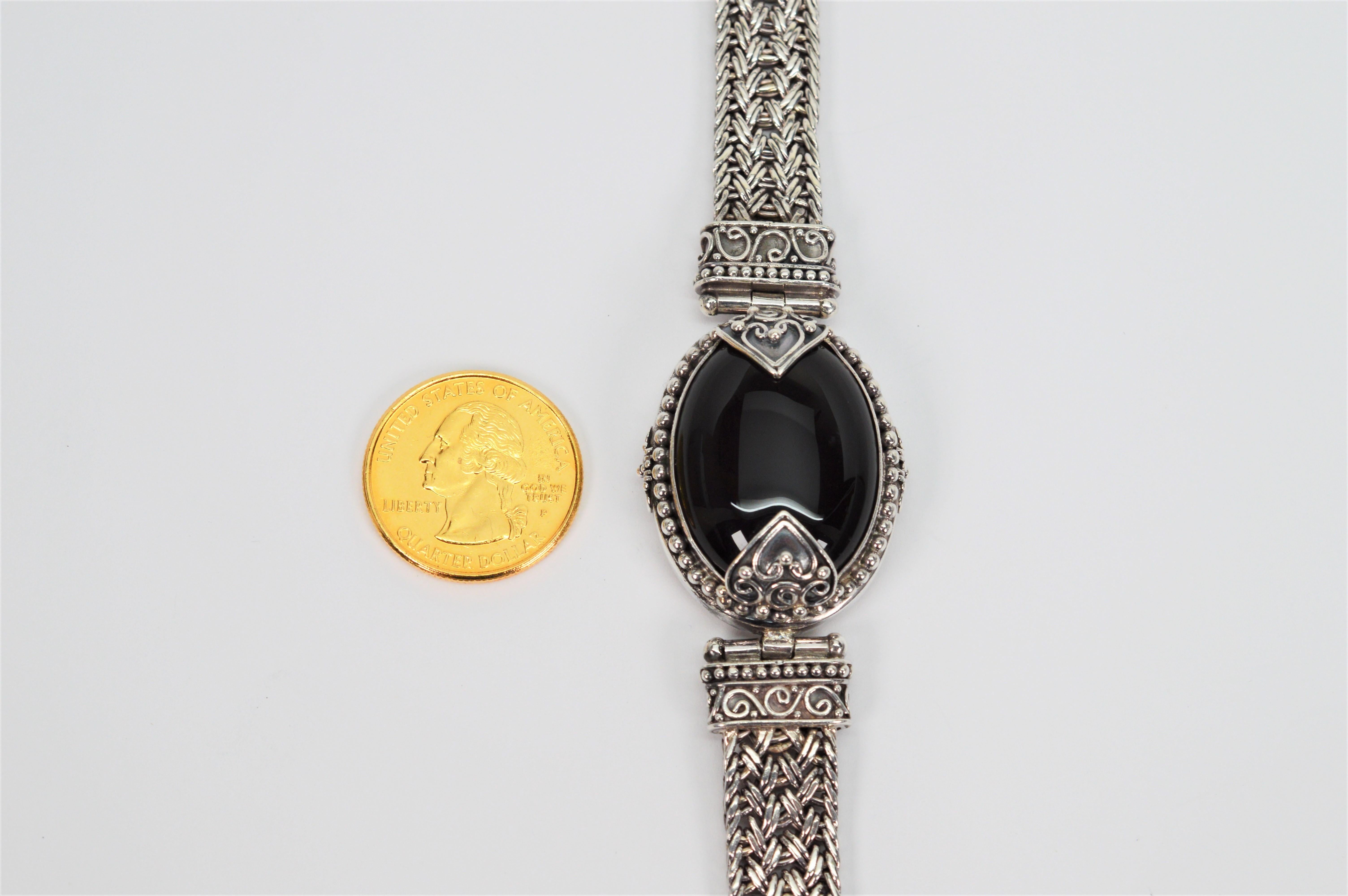 Black Stone Cabochon Sterling Silver Vintage Statement Bracelet 6