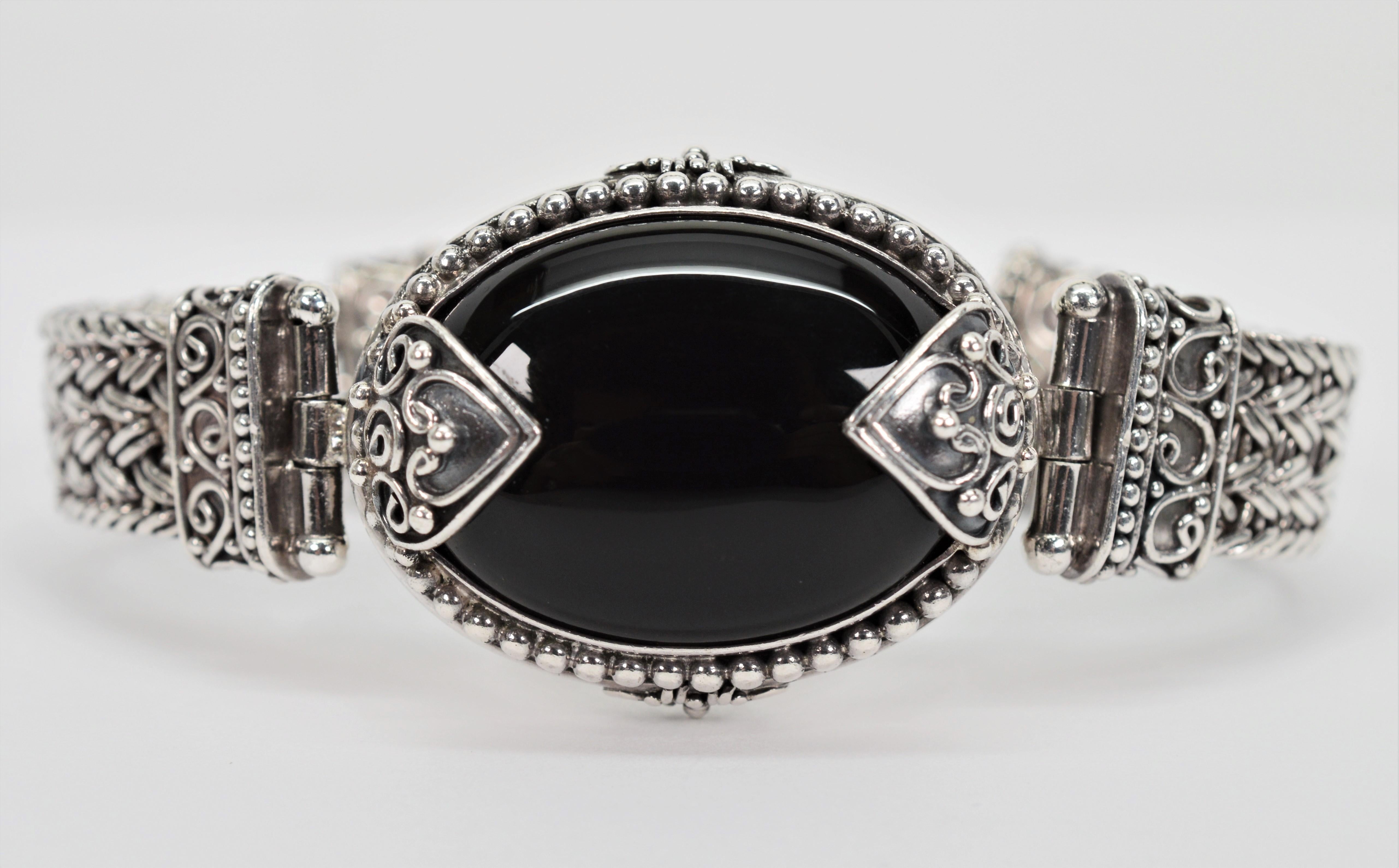 Black Stone Cabochon Sterling Silver Vintage Statement Bracelet 7