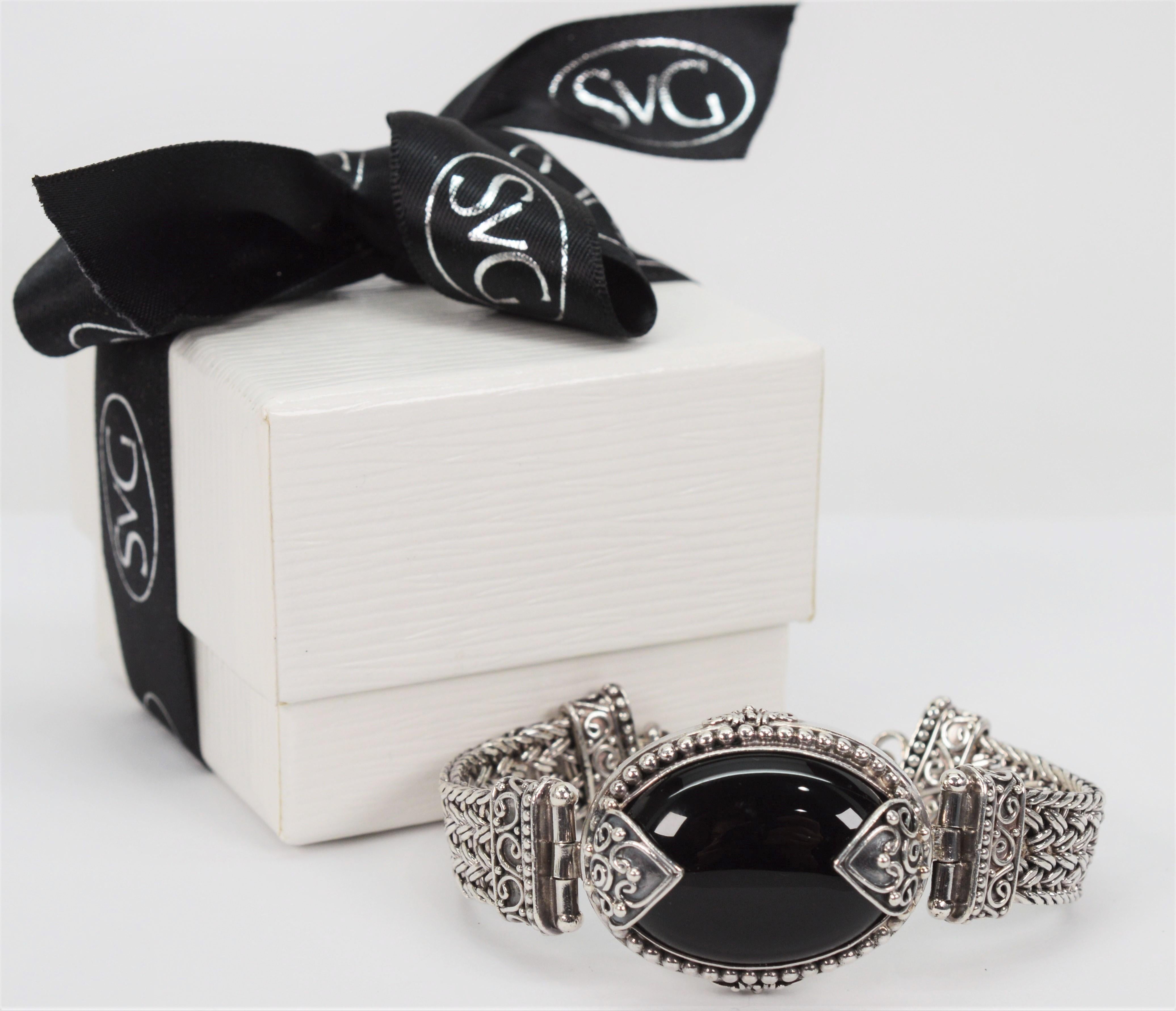 Black Stone Cabochon Sterling Silver Vintage Statement Bracelet 8