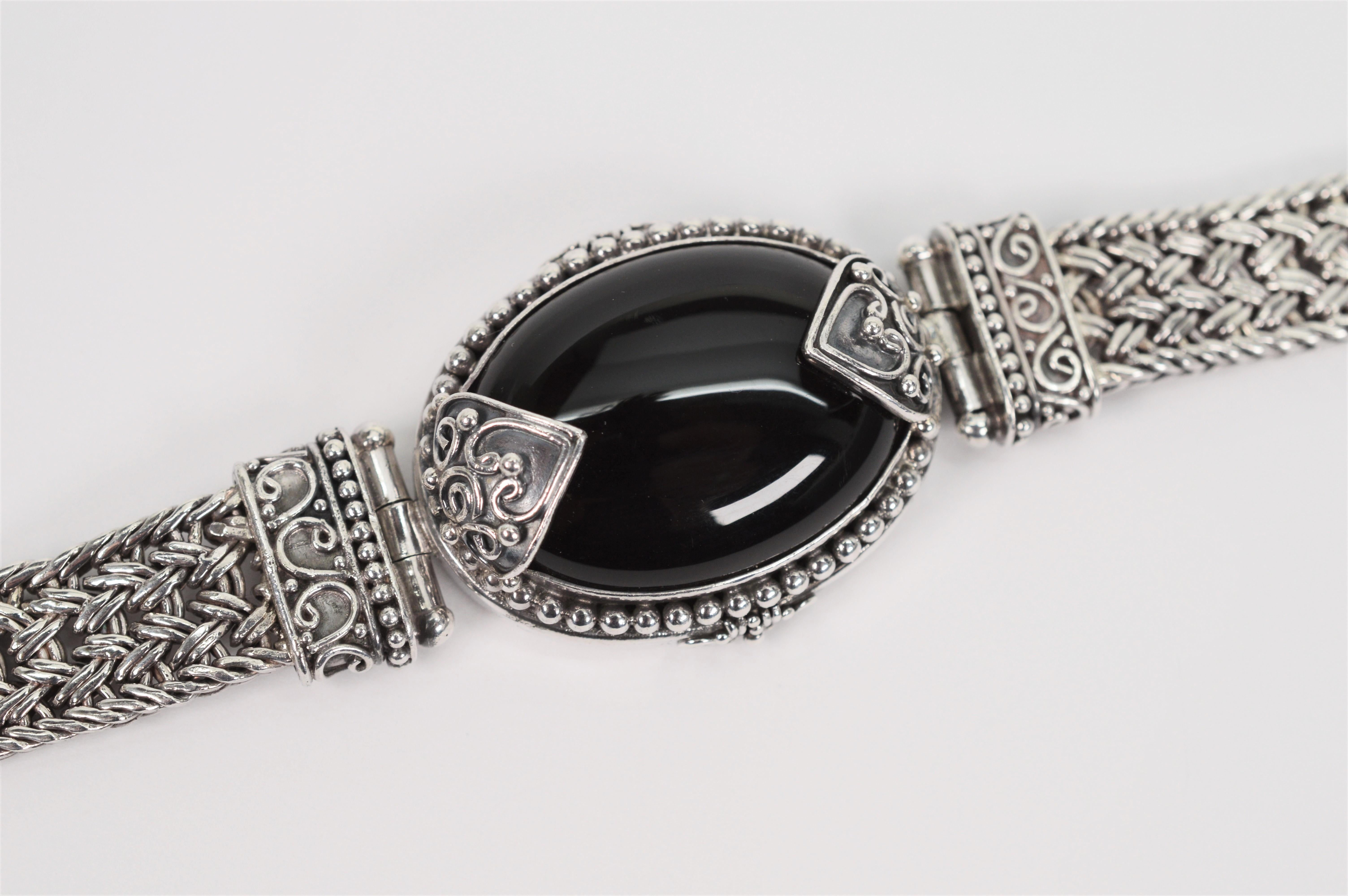 Women's Black Stone Cabochon Sterling Silver Vintage Statement Bracelet