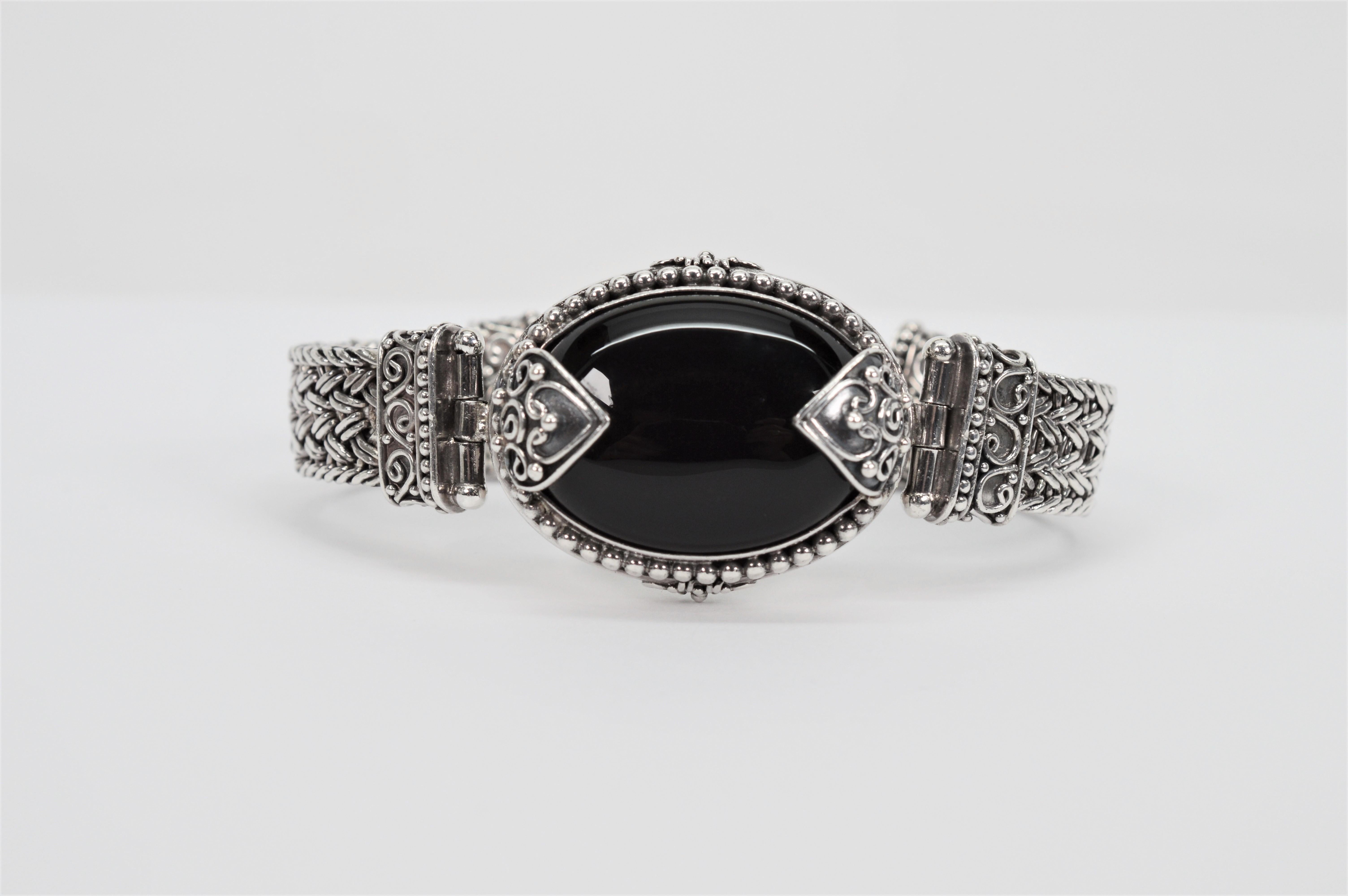 Black Stone Cabochon Sterling Silver Vintage Statement Bracelet 1