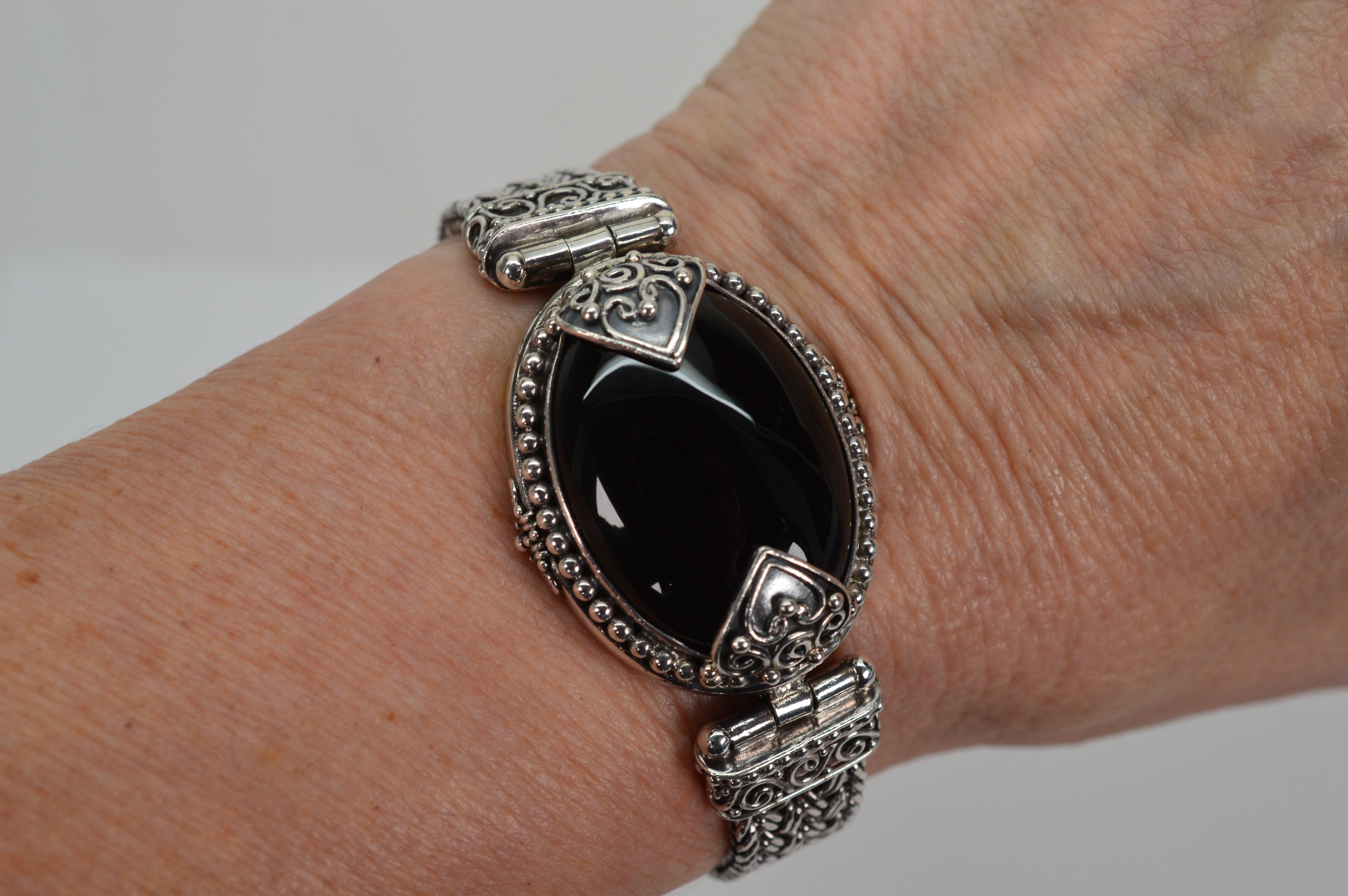 Black Stone Cabochon Sterling Silver Vintage Statement Bracelet 3