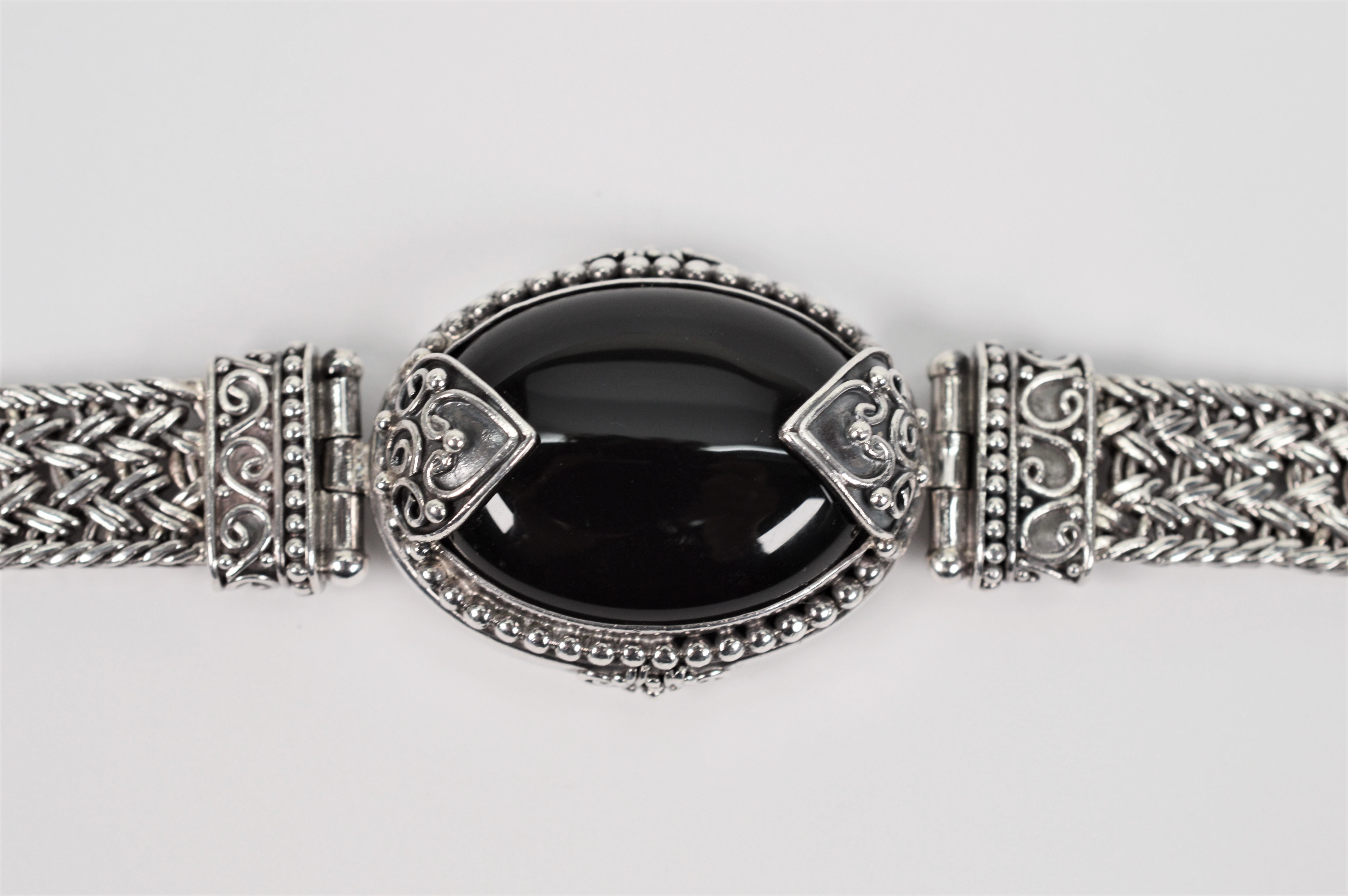 Black Stone Cabochon Sterling Silver Vintage Statement Bracelet 4