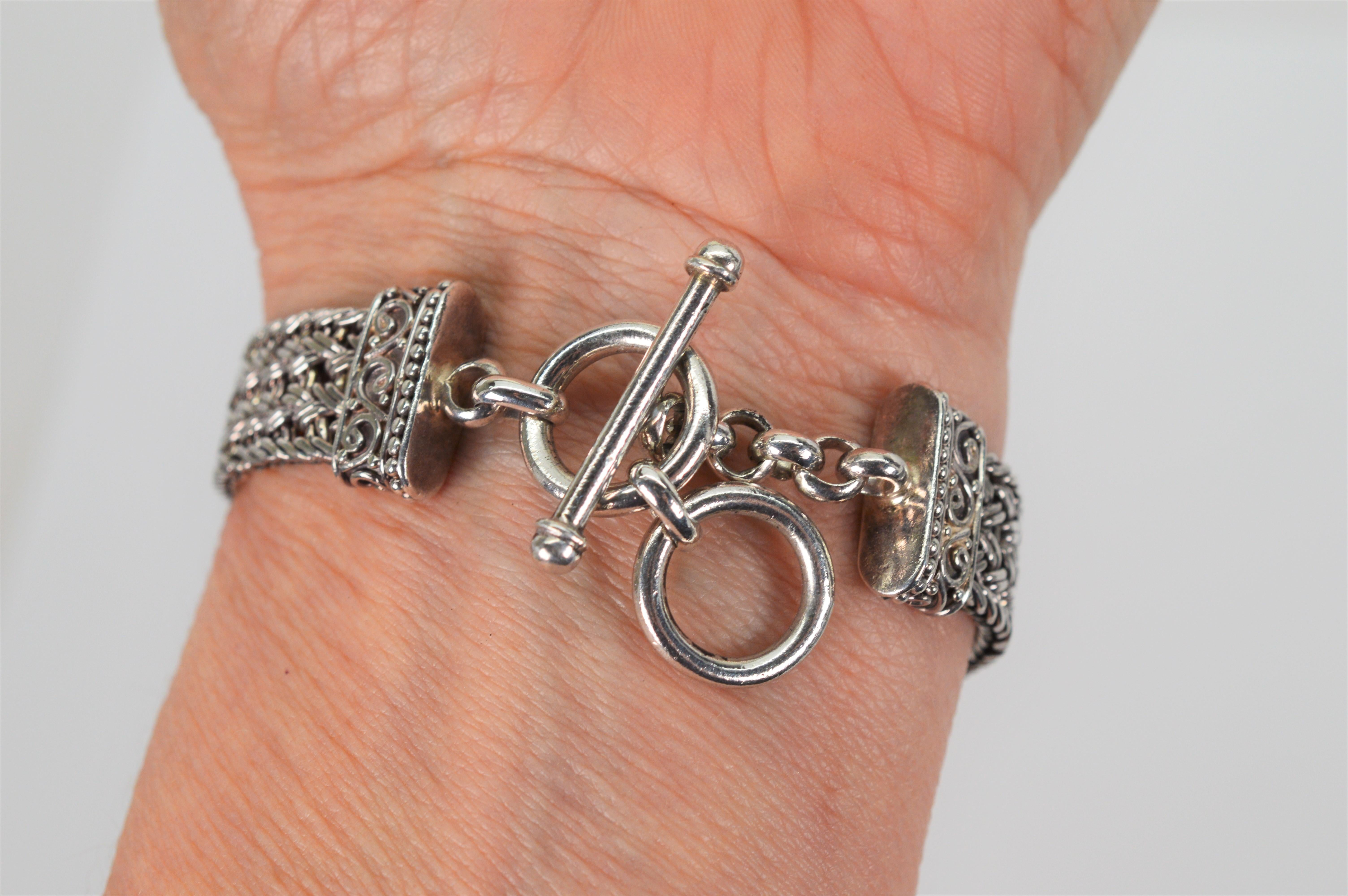Black Stone Cabochon Sterling Silver Vintage Statement Bracelet 5