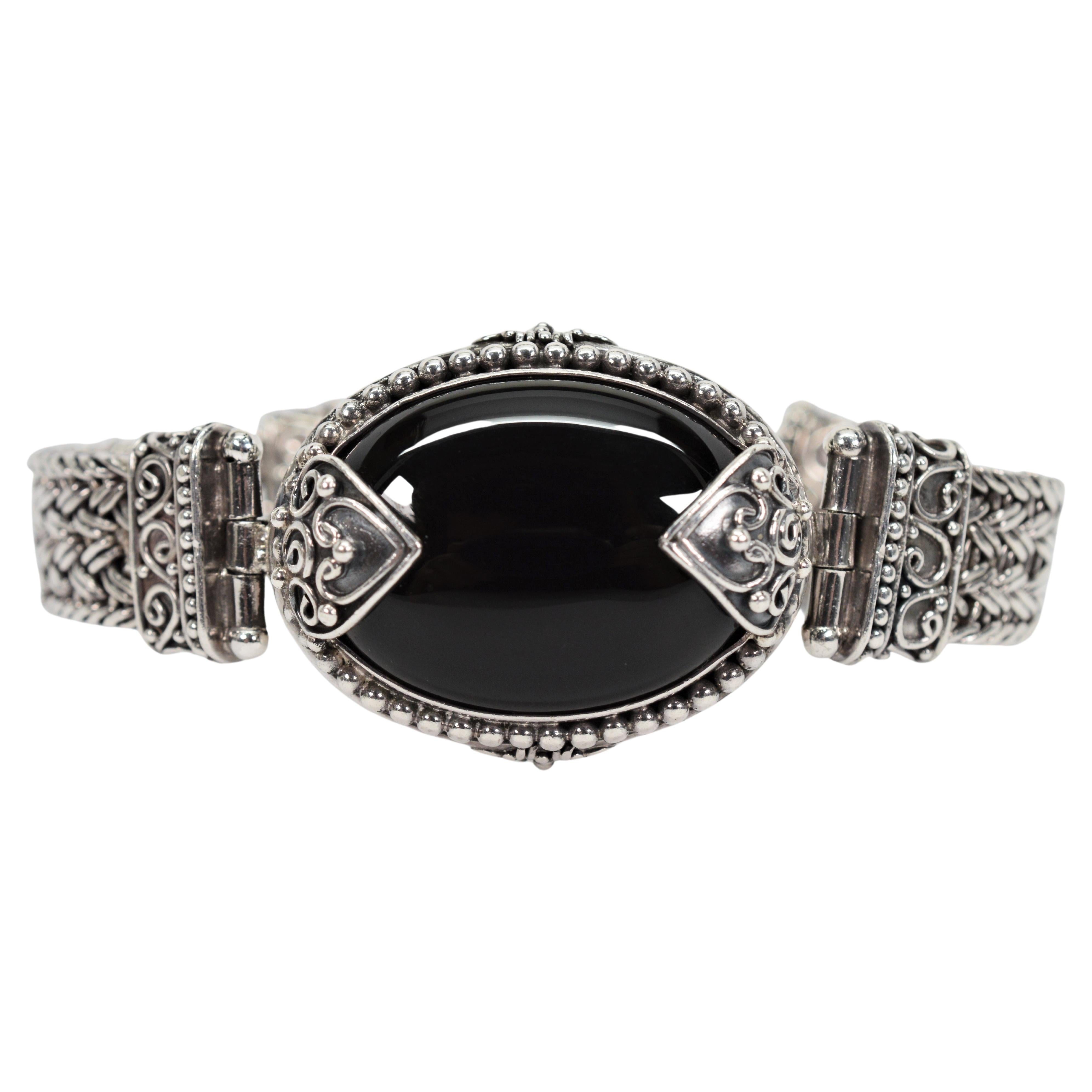 Black Stone Cabochon Sterling Silver Vintage Statement Bracelet