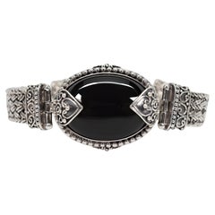 Black Stone Cabochon Sterling Silver Vintage Statement Bracelet