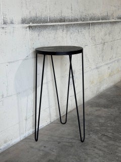 Black Stone Mosaic Top Plant Pedestal with Metal Hairpin Legs Vintage 1970s