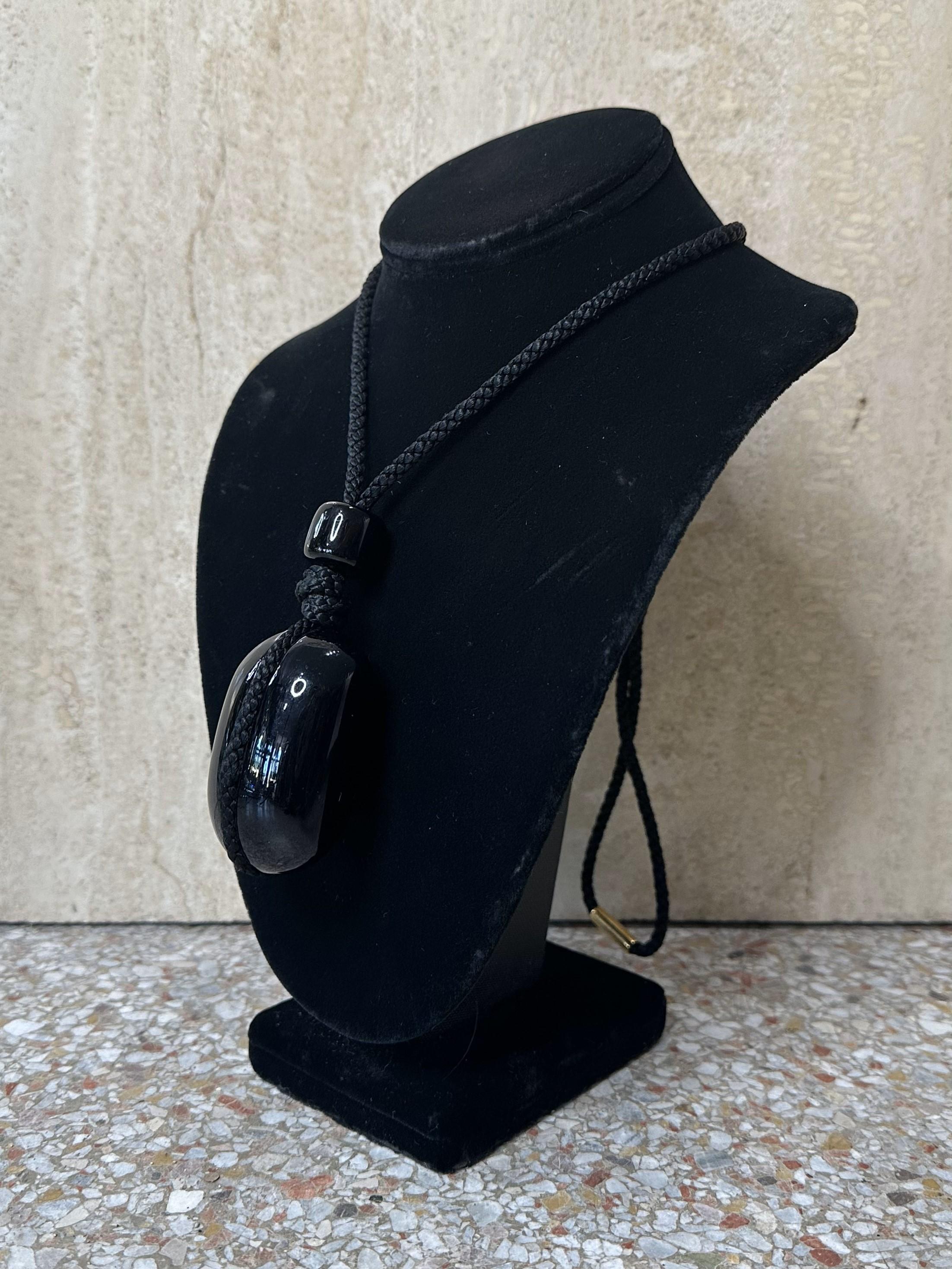 Regency Black Stone Pendant Necklace on Rope For Sale