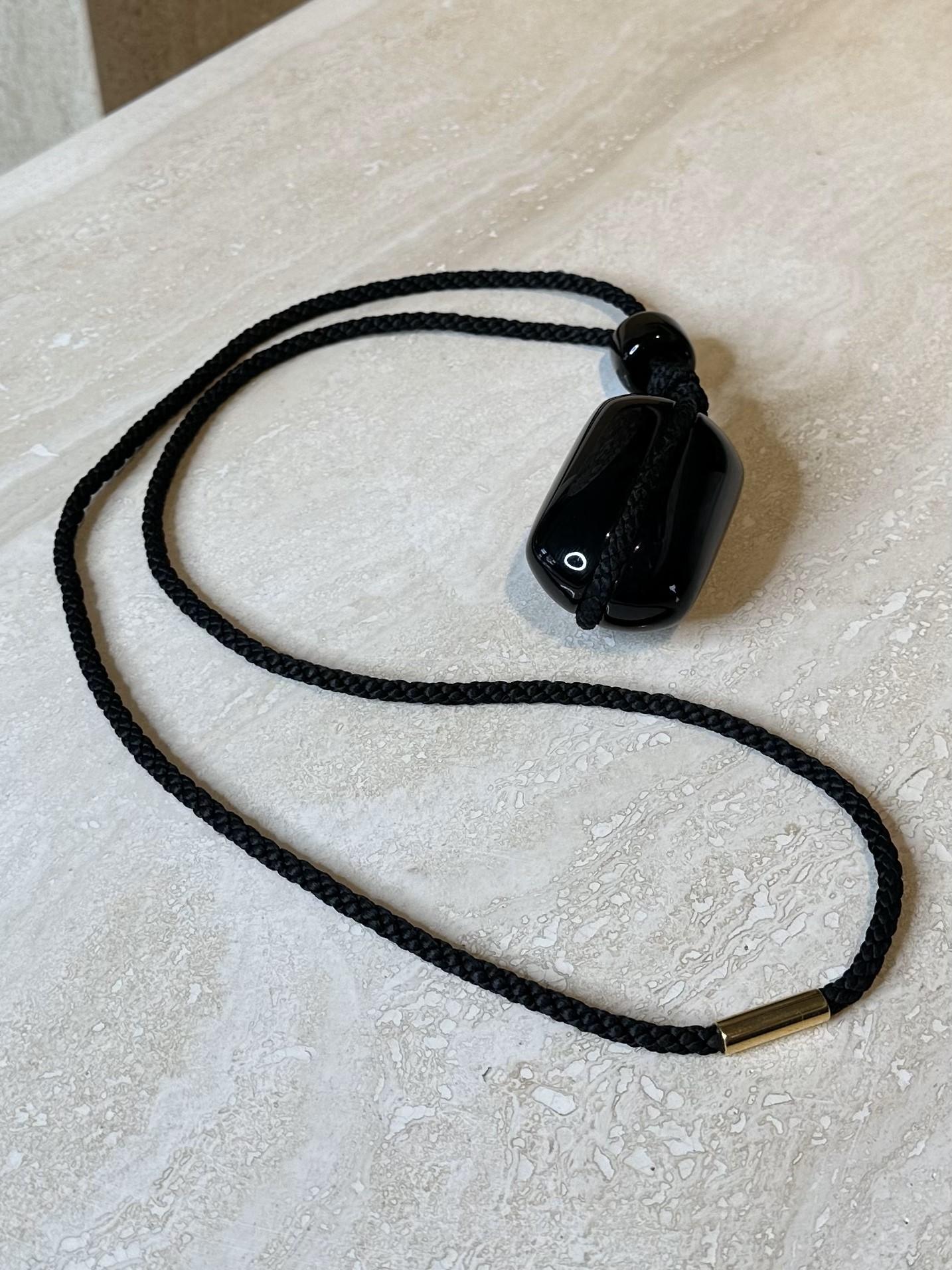 Black Stone Pendant Necklace on Rope For Sale 1