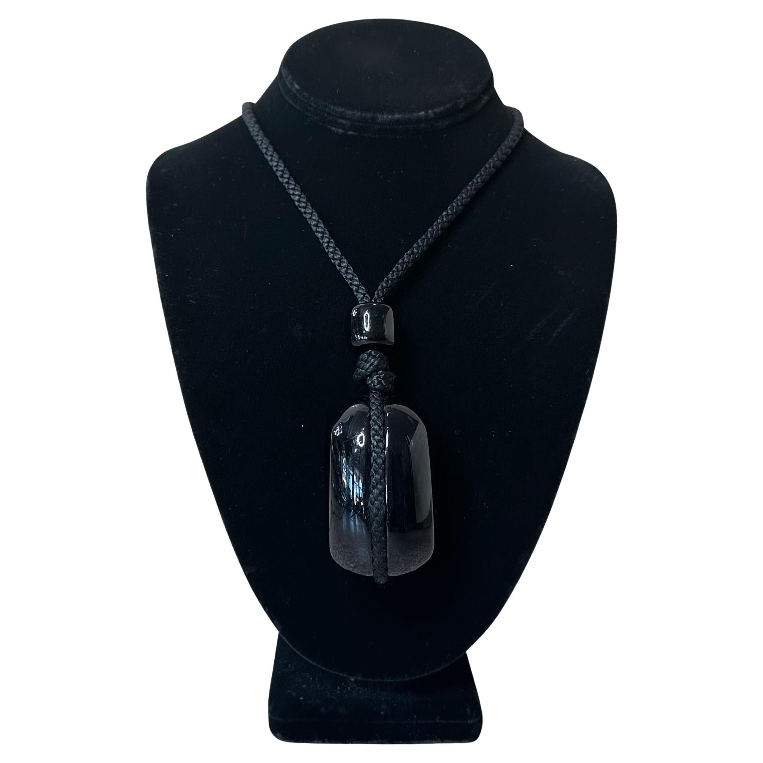 Black Stone Pendant Necklace on Rope For Sale