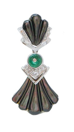 Black Stones, Emeralds, Diamonds, Platinum Earrings.