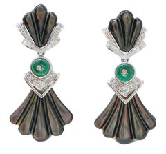 Black Stones, Emeralds, Diamonds, Platinum Earrings.