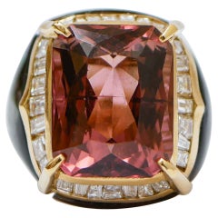 Black Stones, Tourmaline, Diamonds, 18 Karat Yellow Gold Ring.