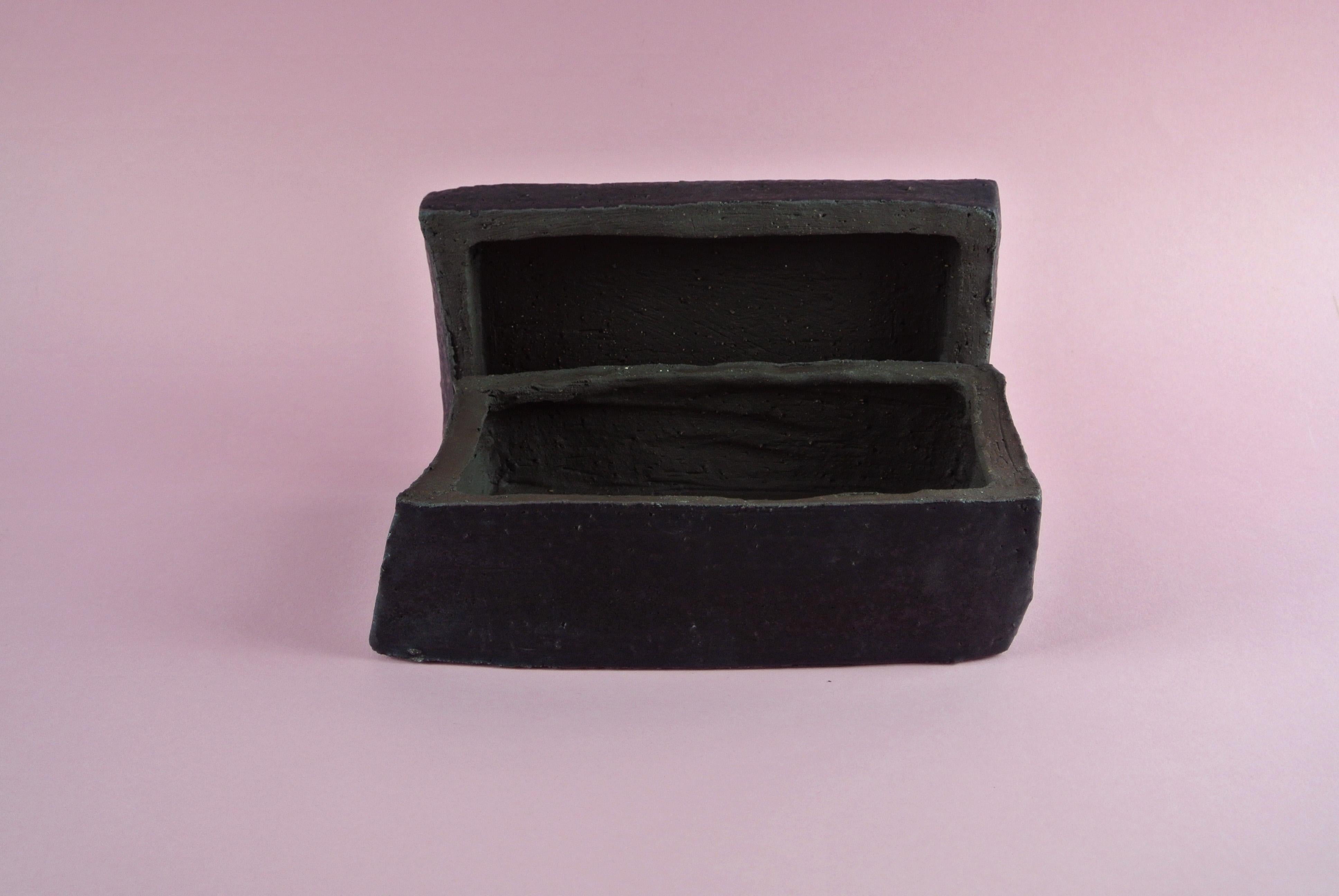 Hand-Crafted Black Stoneware Box with Lid and Black Matte Glaze For Sale
