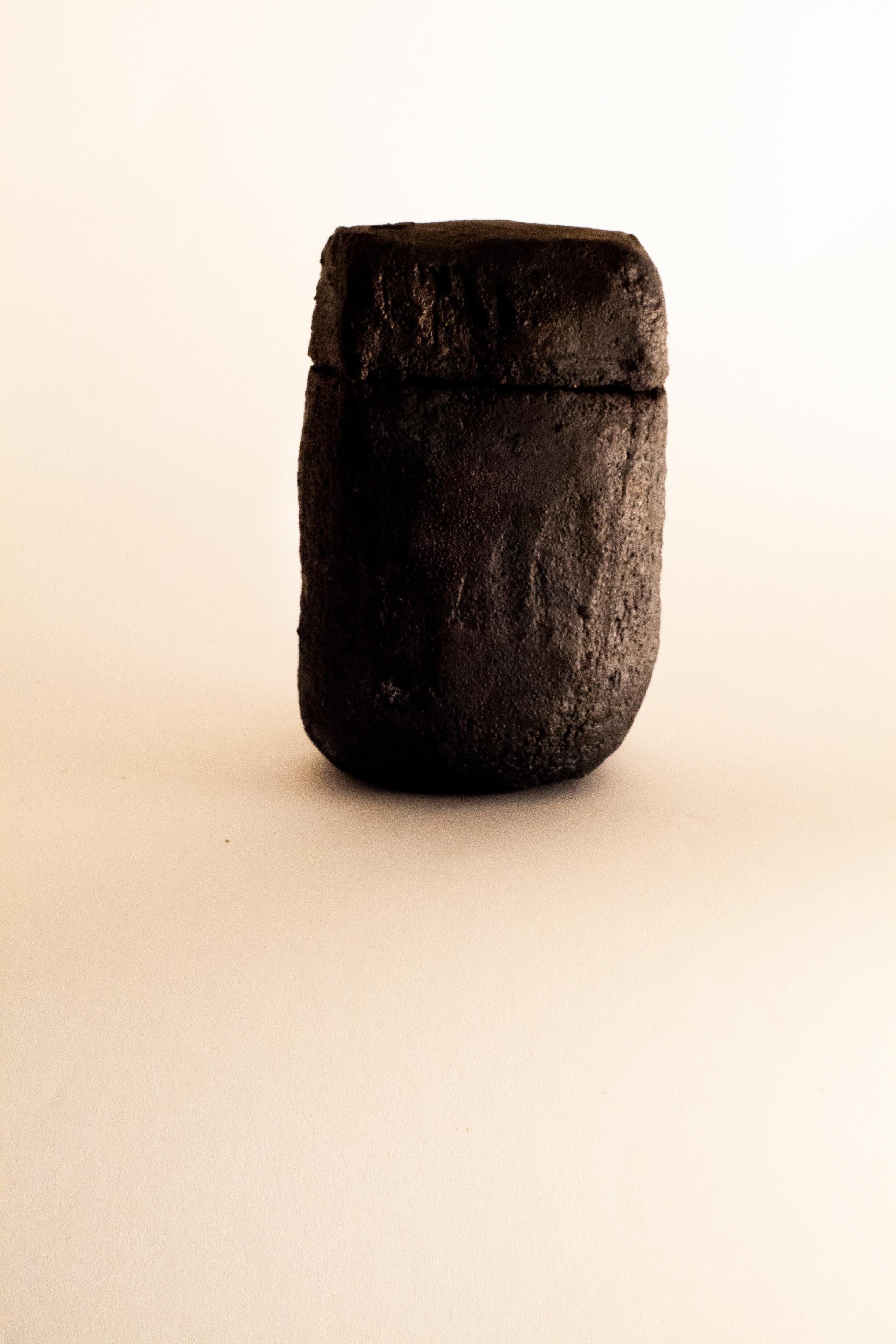 Hand-Carved Black Stoneware Box with Lid by Christine Roland